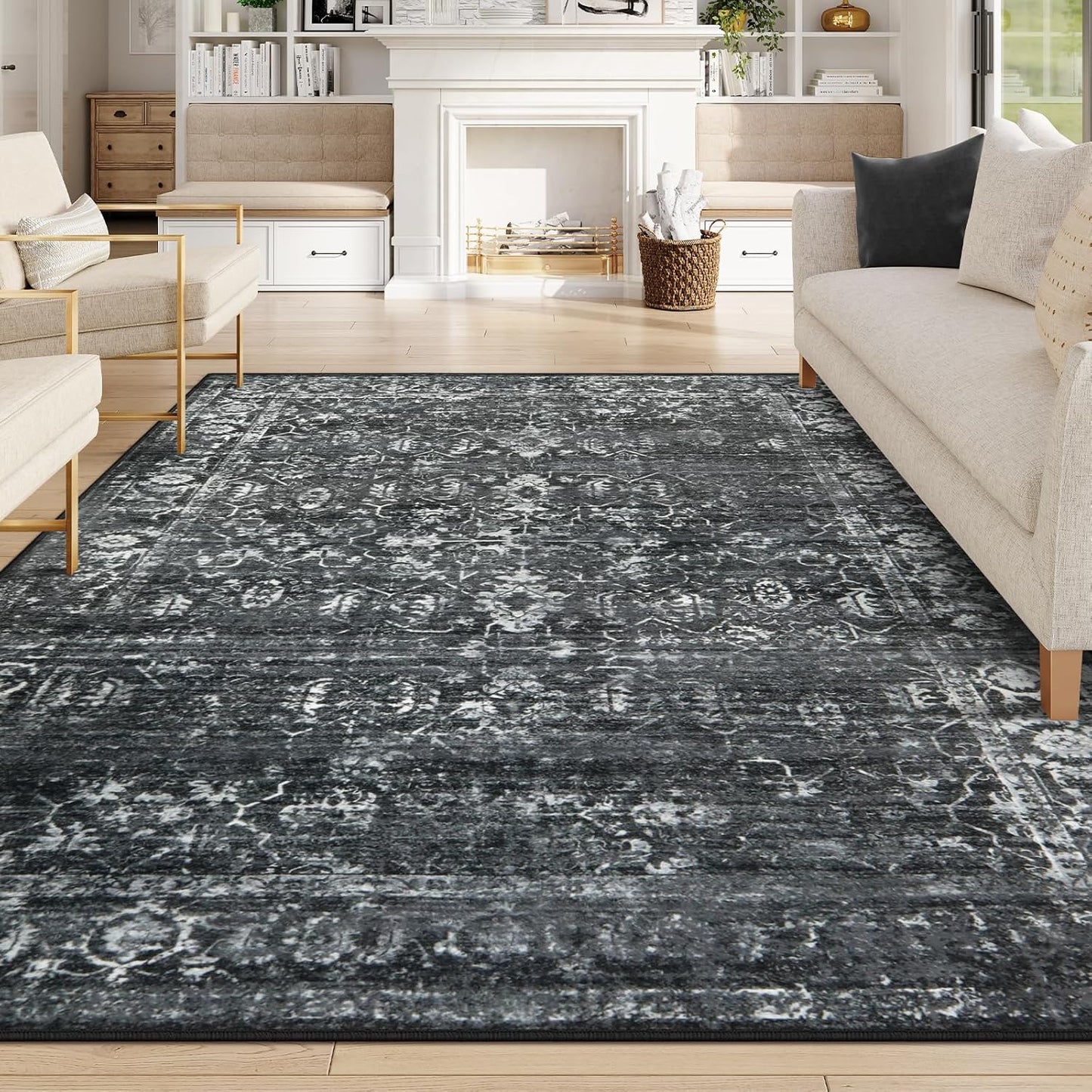 Soft Vintage Distressed Area Rug - Black/Grey 8x10