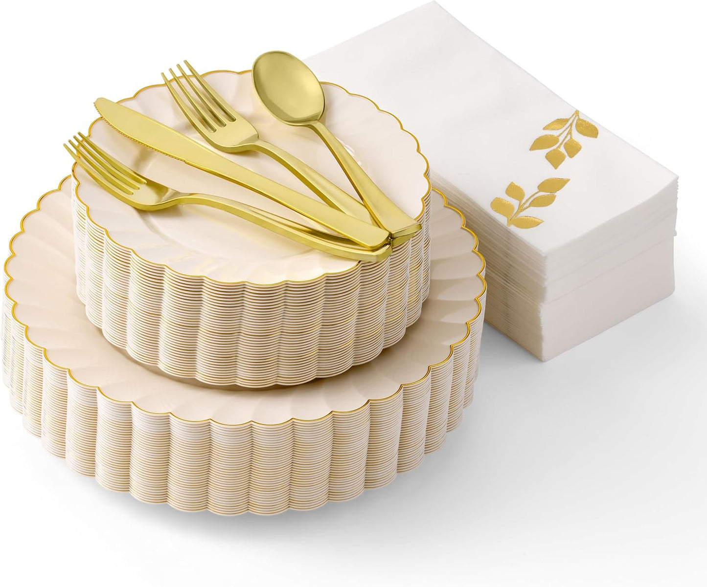 High End 175 Pc Ivory Scalloped Plastic Plates with Gold Trim