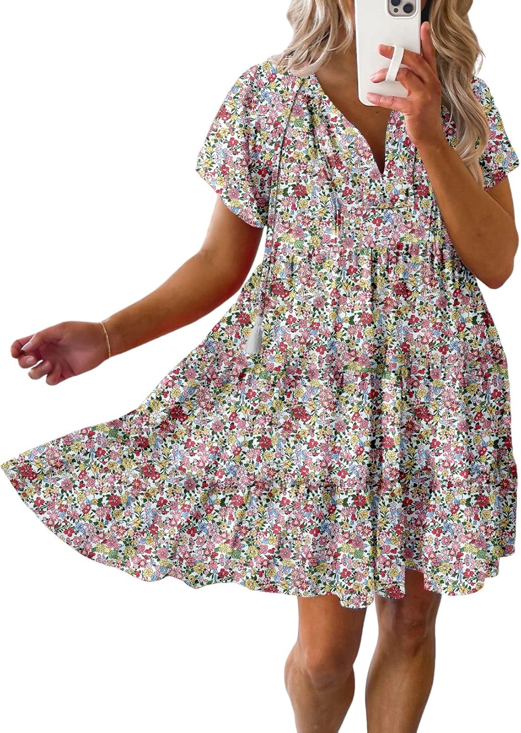 Dokotoo Womens Summer Casual Boho Floral V Neck Mini Dress