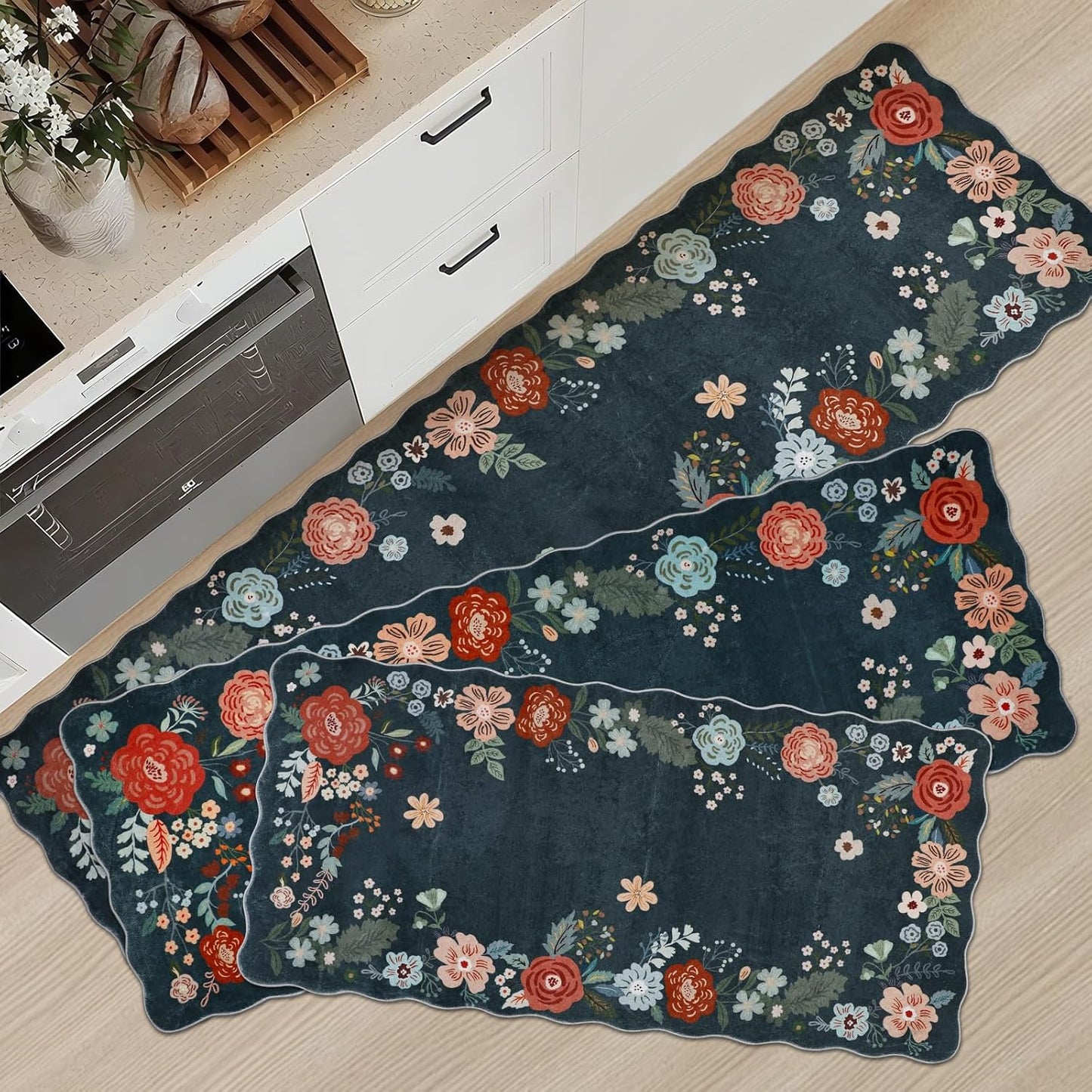 Vintage Floral Kitchen Rug Mat Sets 3PC for Cozy Home Decor