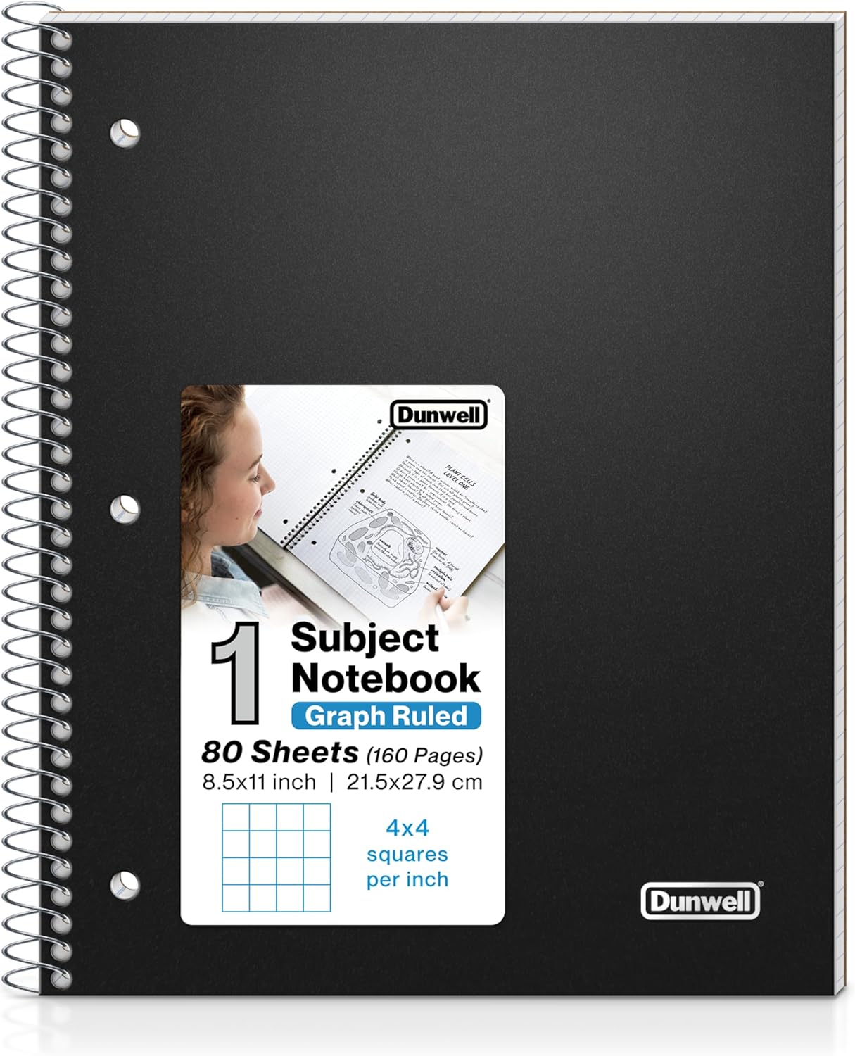 Dunwell Graph Paper Notebook 8.5x11 - Perforated Pages, 3-Hole Punch, Plastic Cover