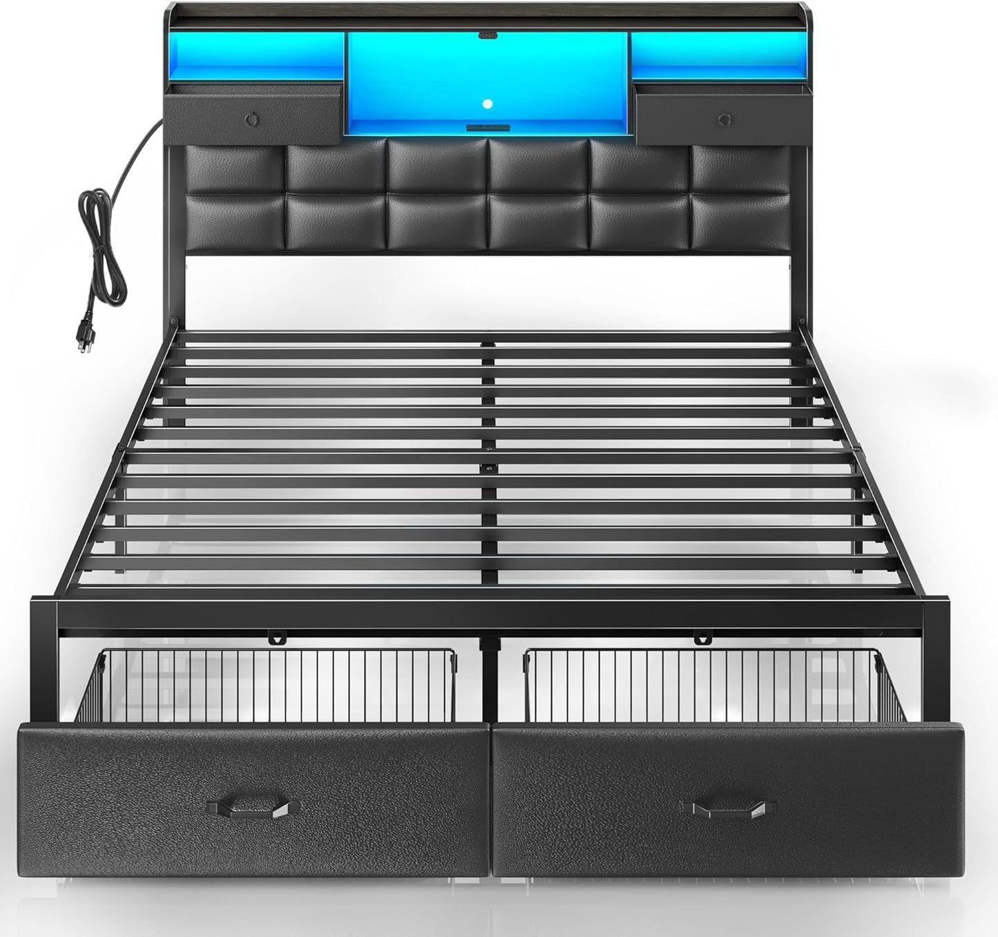 Rolanstar Queen Size Bed Frame with Drawers and Charging Station