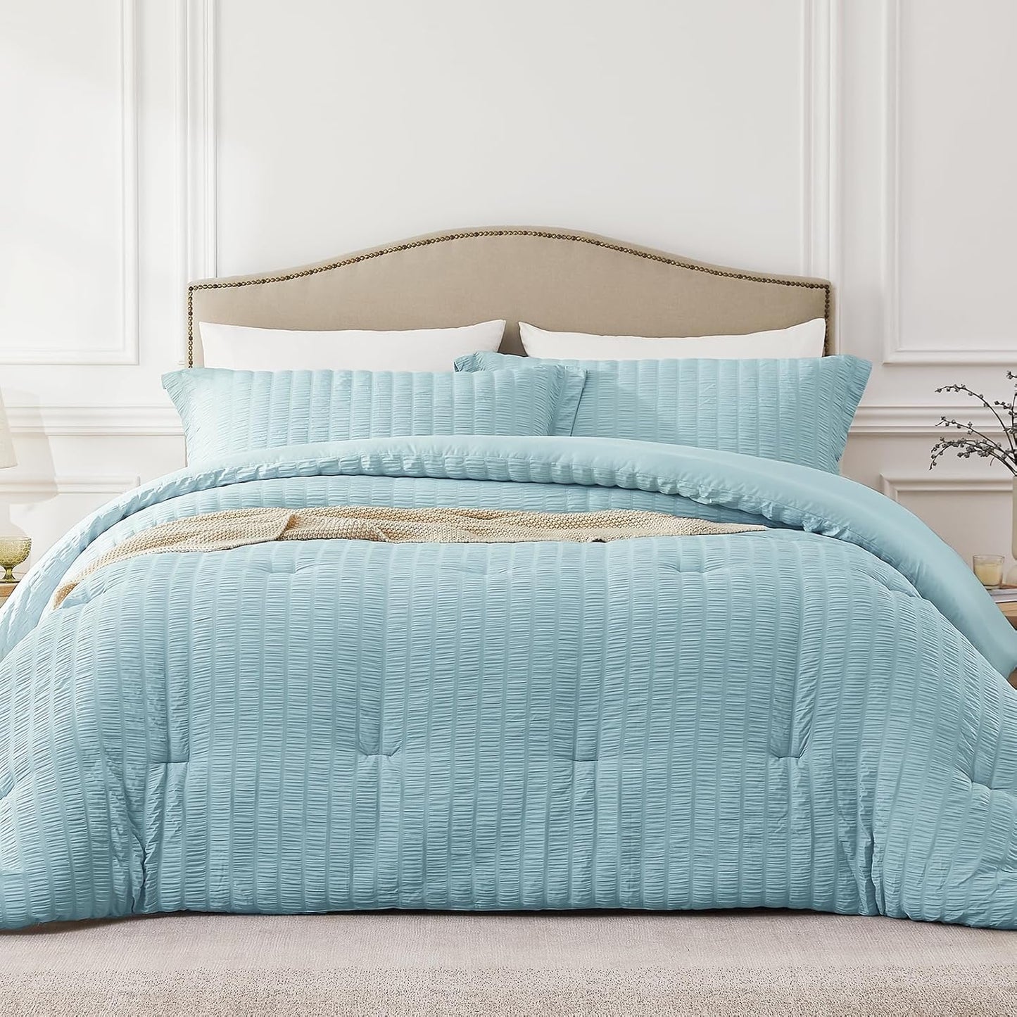 Queen Comforter Set Mist Blue, Lightweight Seersucker Bedding