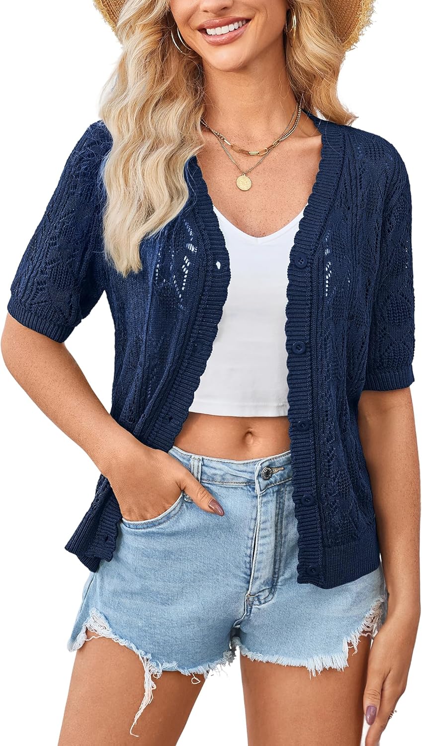 Yekaty Womens Short Sleeve Crochet Summer Cardigan for Dress