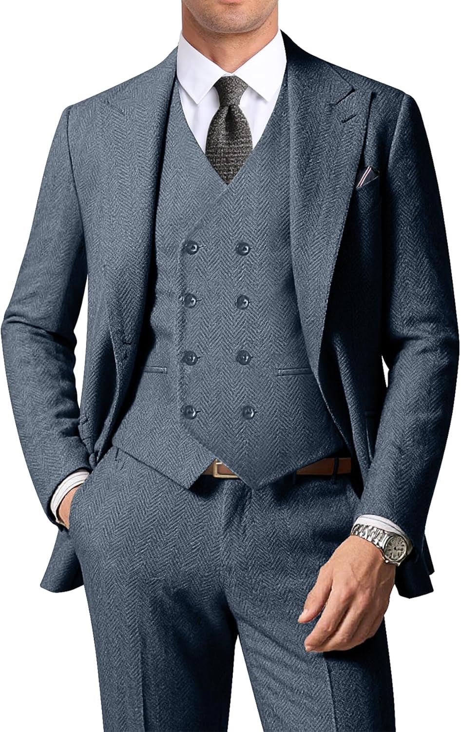 Men's Herringbone Tweed 3 Piece Suit Set for Weddings and Prom