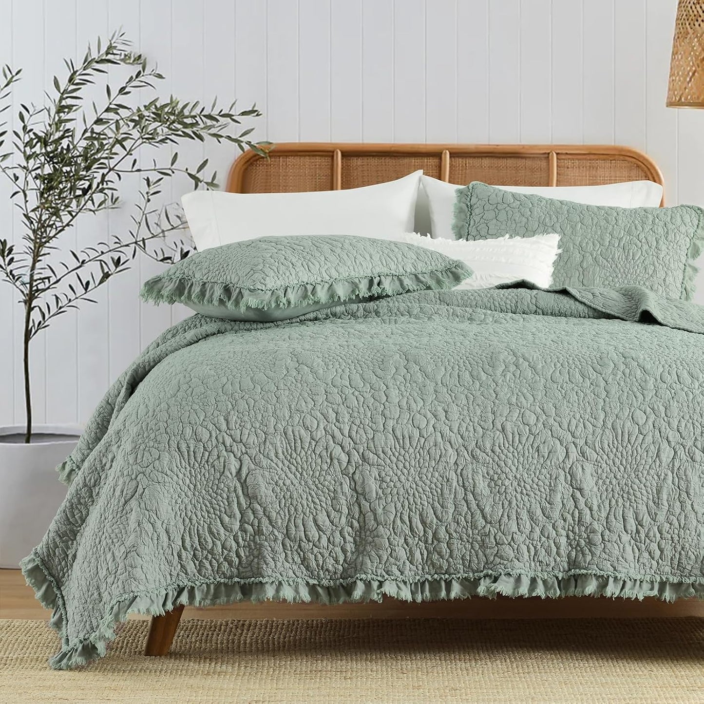 Sage Green Ruffled Quilt King Size for Rustic Farmhouse Style