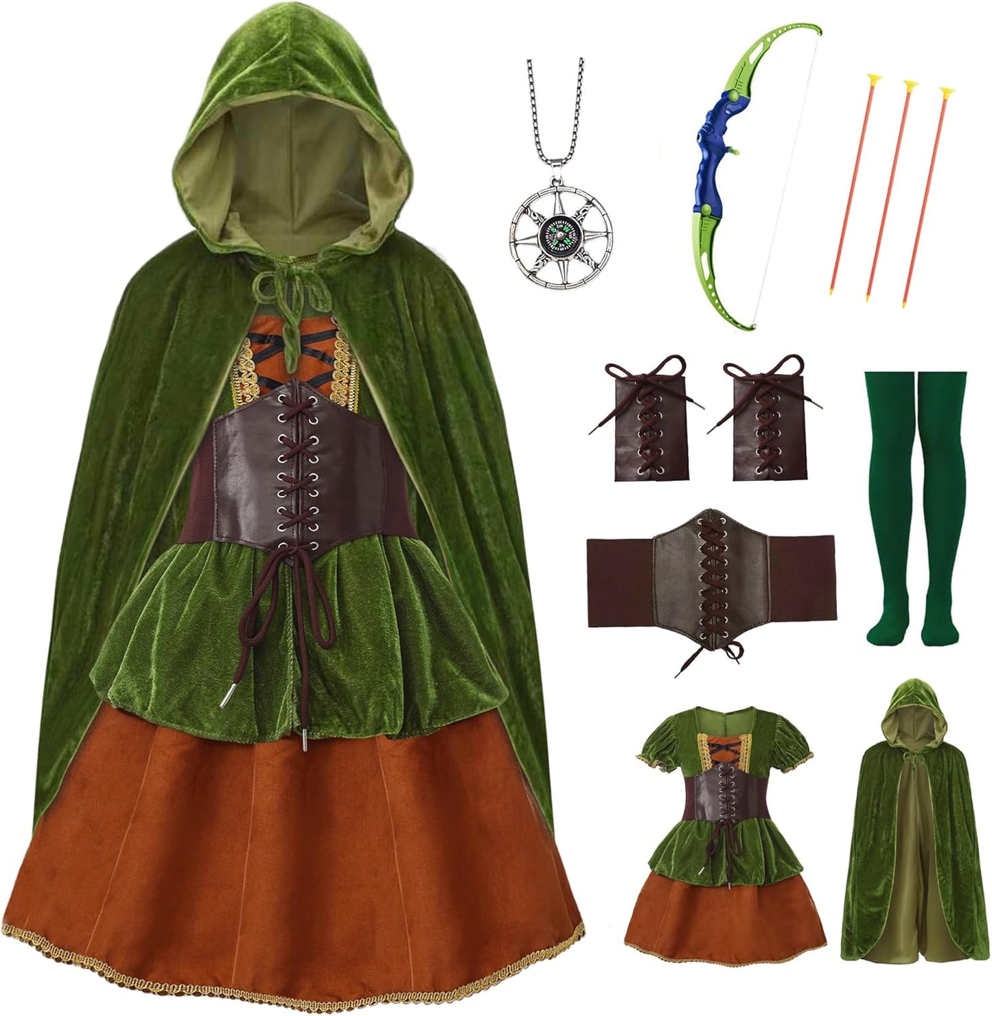 7 Pcs Archer Costume for Girls Medieval Renaissance Hunter Dress