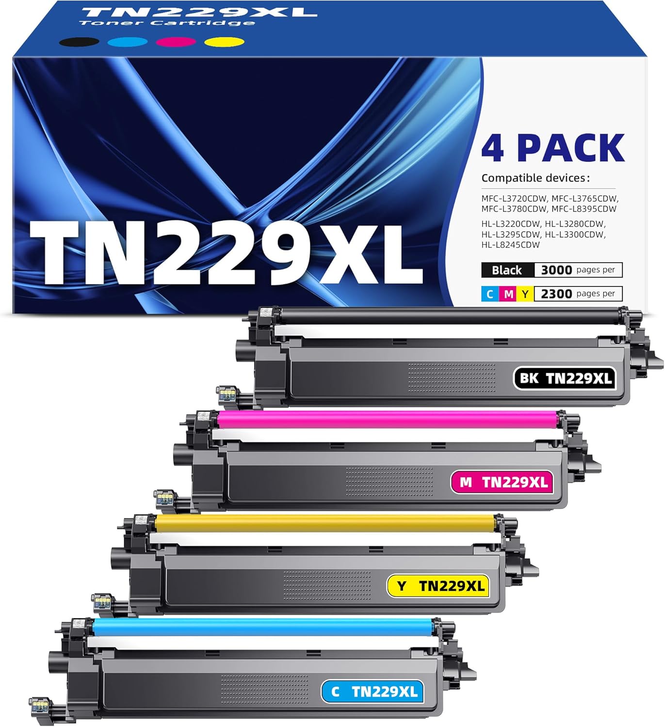 High Yield TN229XL Toner Cartridge for Brother Printers, 4PK