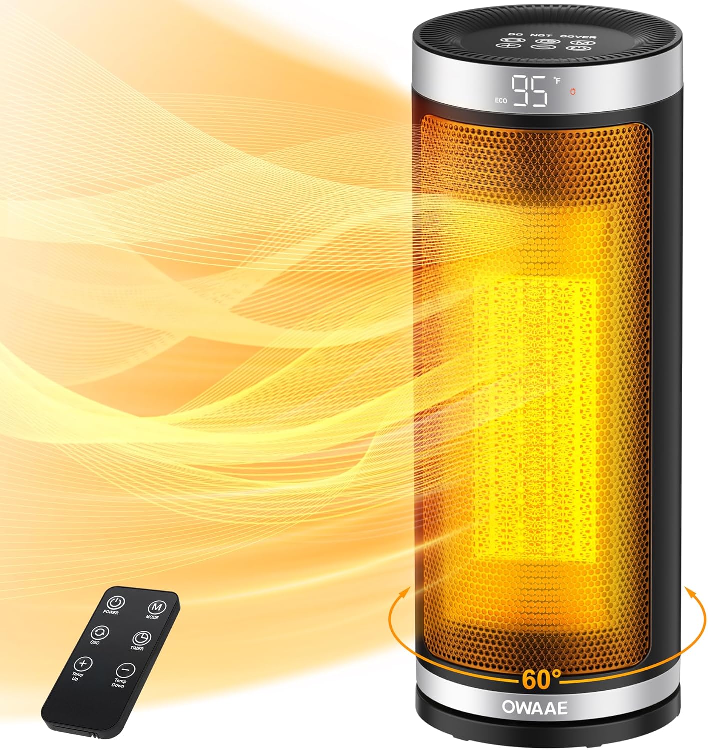 1500W Portable Electric Heater: 60 Oscillation, 3 Heat Levels, Tip-over Protection