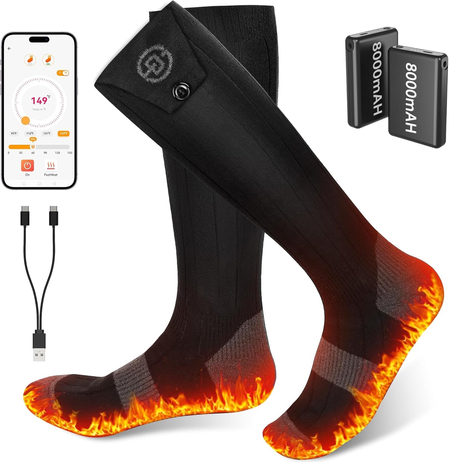 Heated Socks for Men Women with App Control and 8000mAh Battery