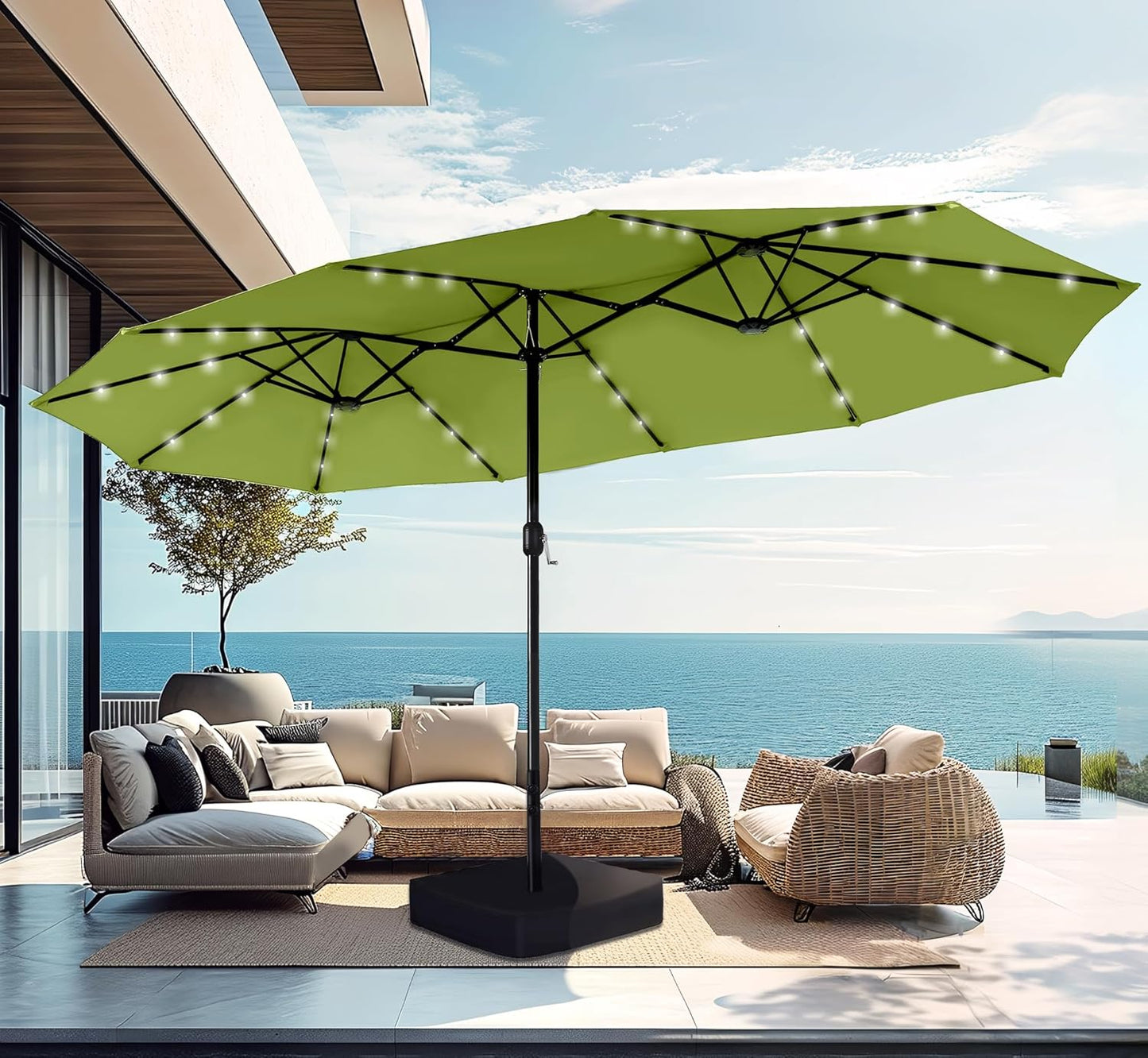 PHI VILLA 15 ft Outdoor Patio Umbrella with Solar Lights