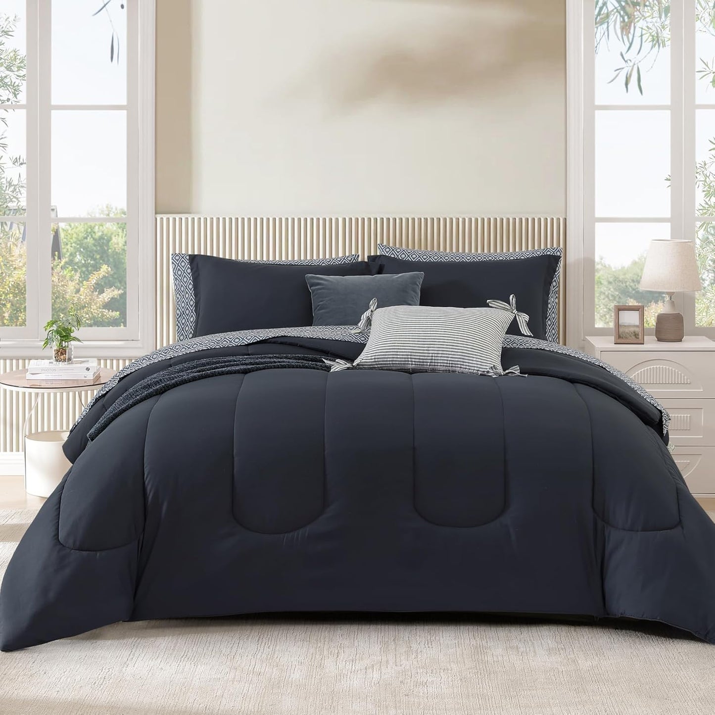 Monbix Queen Comforter Set - 7 Pieces Blue Grey Bedding Set