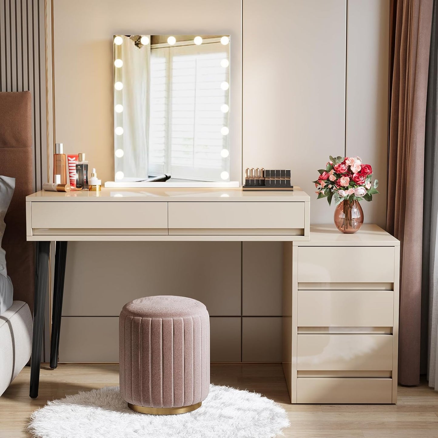 Tribesigns 5-Drawer Vanity Desk, High Gloss Makeup Table, Beige