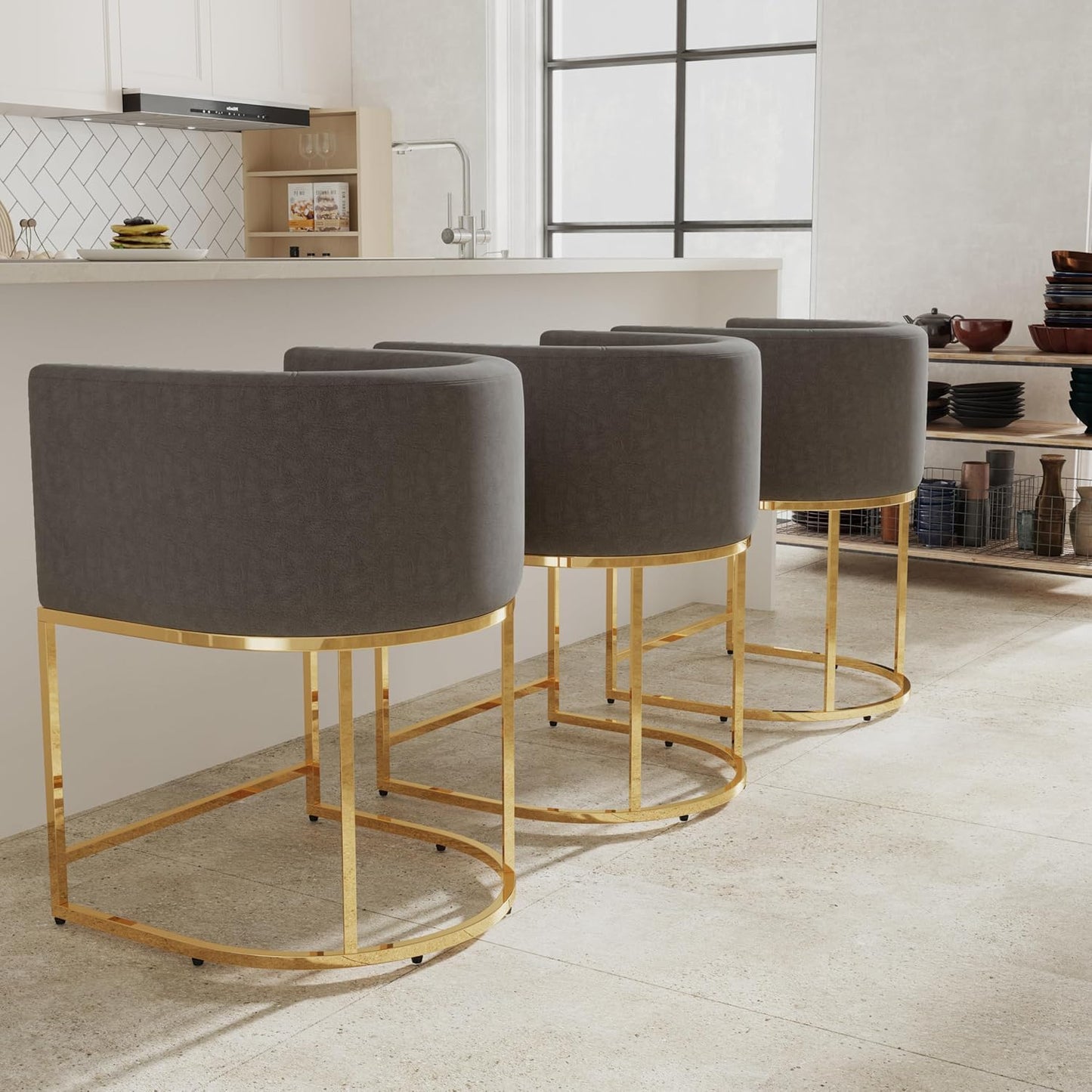 Contemporary Grey Velvet Bar Stools Set of 3 for Kitchen Use