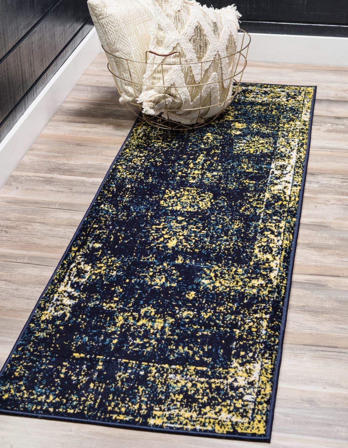 Unique Loom Sofia Collection Area Rug Runner in Navy Blue/Yellow