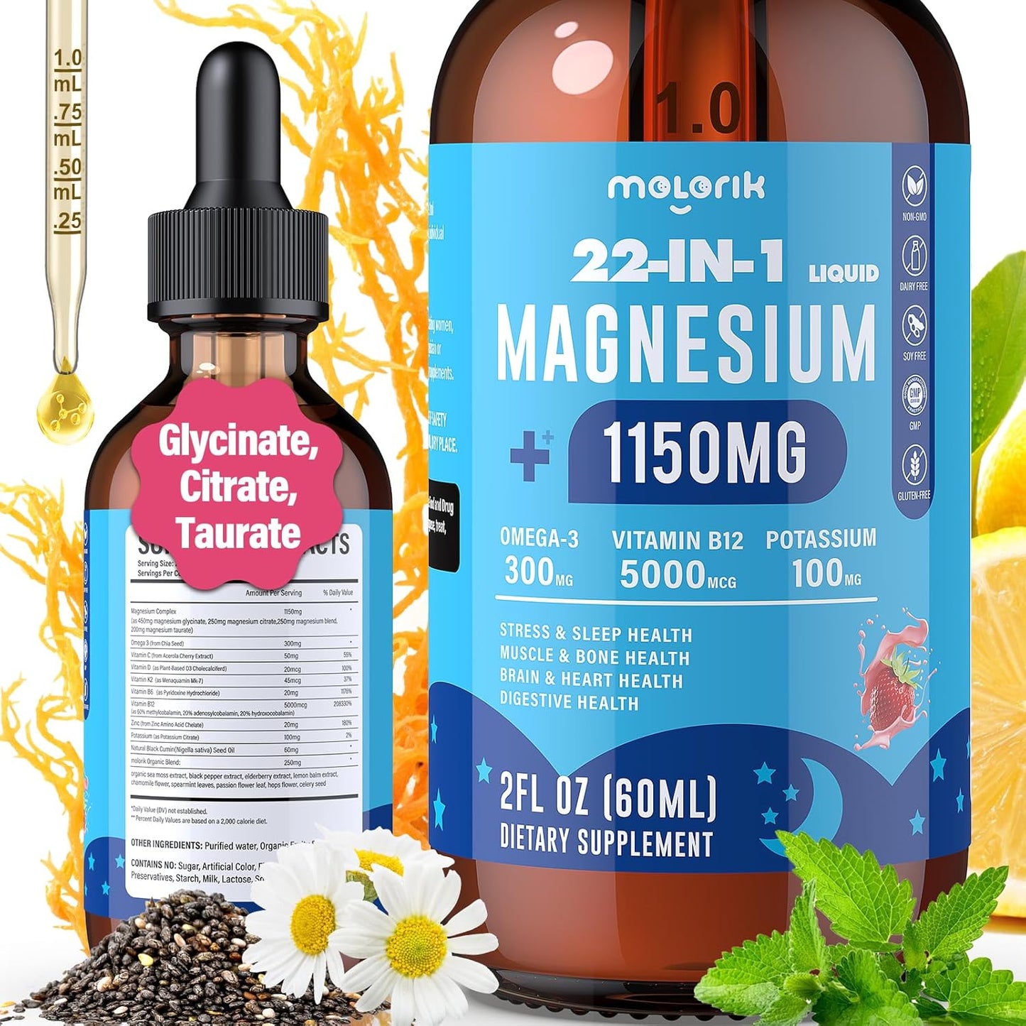 1150mg Magnesium Glycinate Liquid for Sleep and Health Support