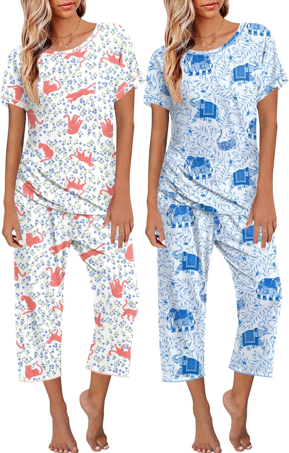 Ekouaer 2 Pack Womens Pajamas Short Sleeve Sleepwear Sets