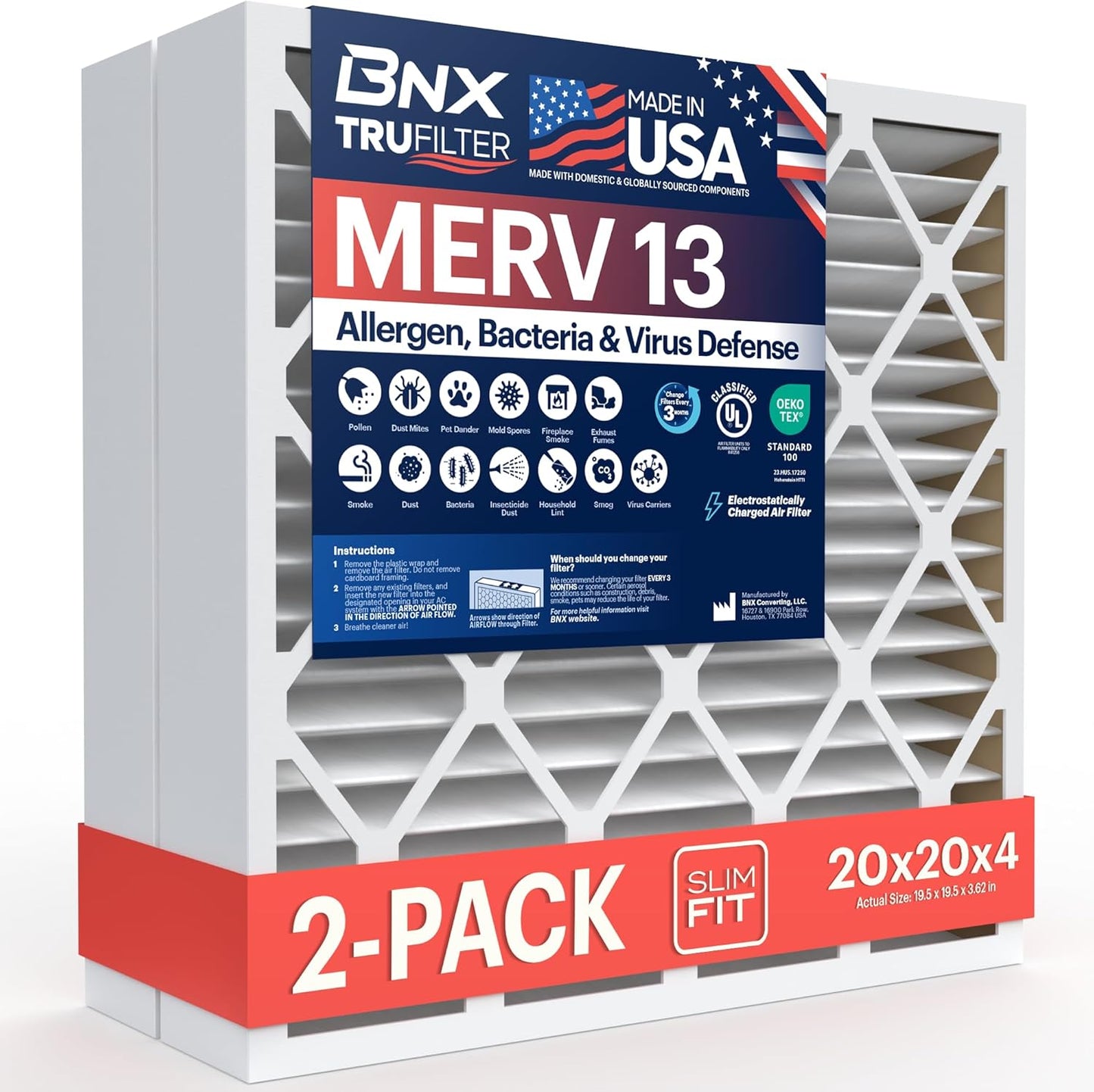 BNX TruFilter 20x20x4 MERV 13 Air Filter for Health & Allergies