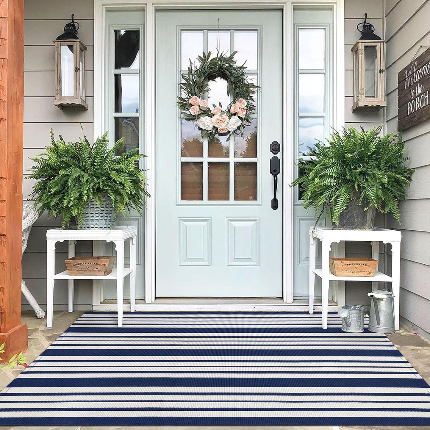 Navy and White Striped Rug for Outdoor and Indoor Use