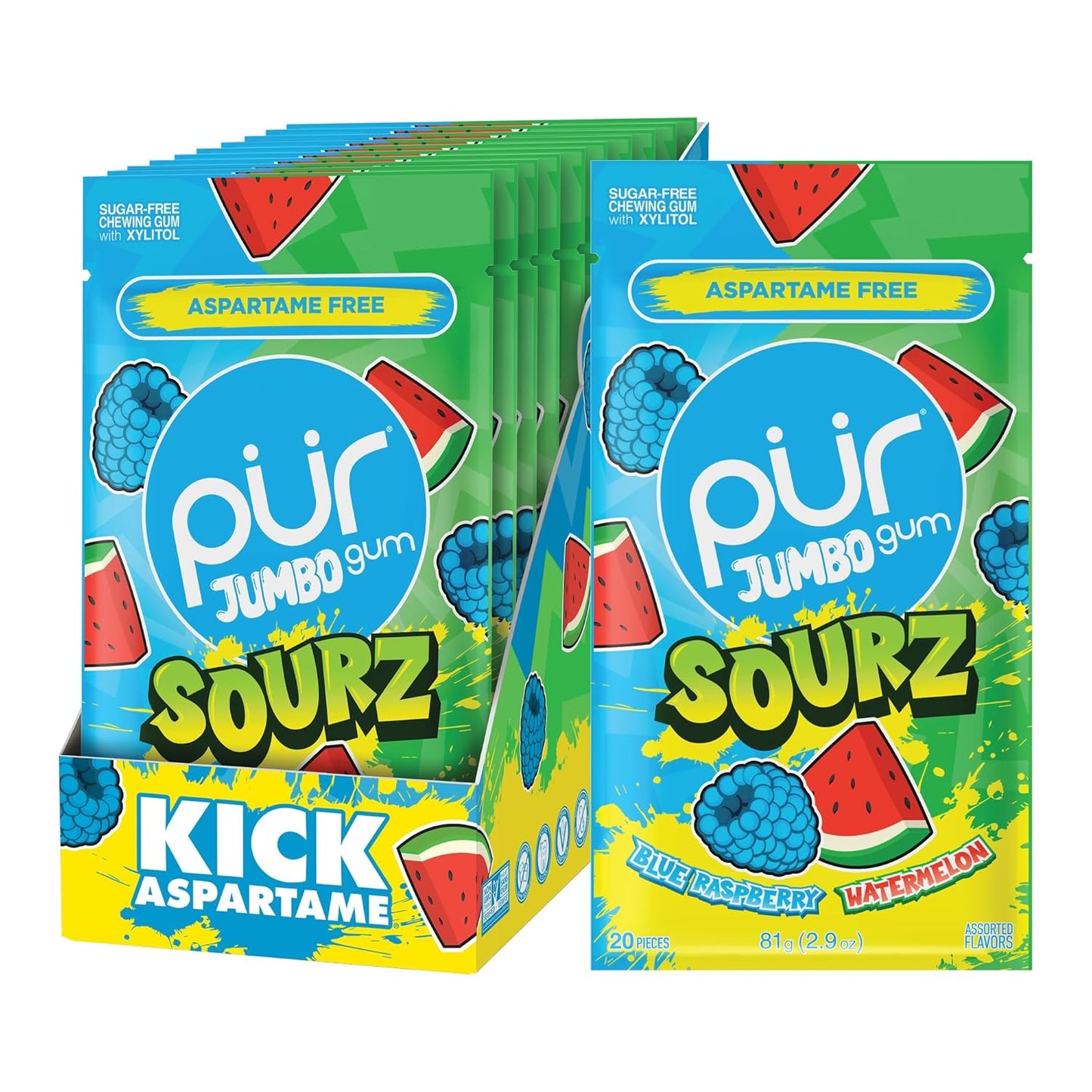PUR Jumbo SOURZ Gum - Insanely Sour Blue Raspberry & Watermelon