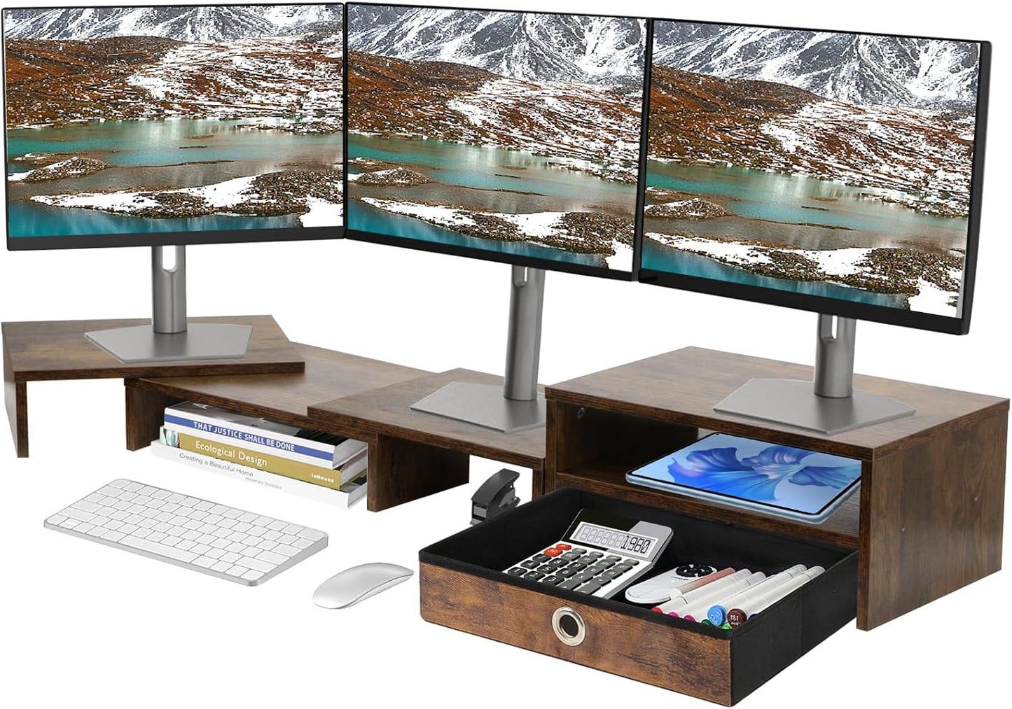 Triple Monitor Stand with Drawer for Flexible Desk Setup
