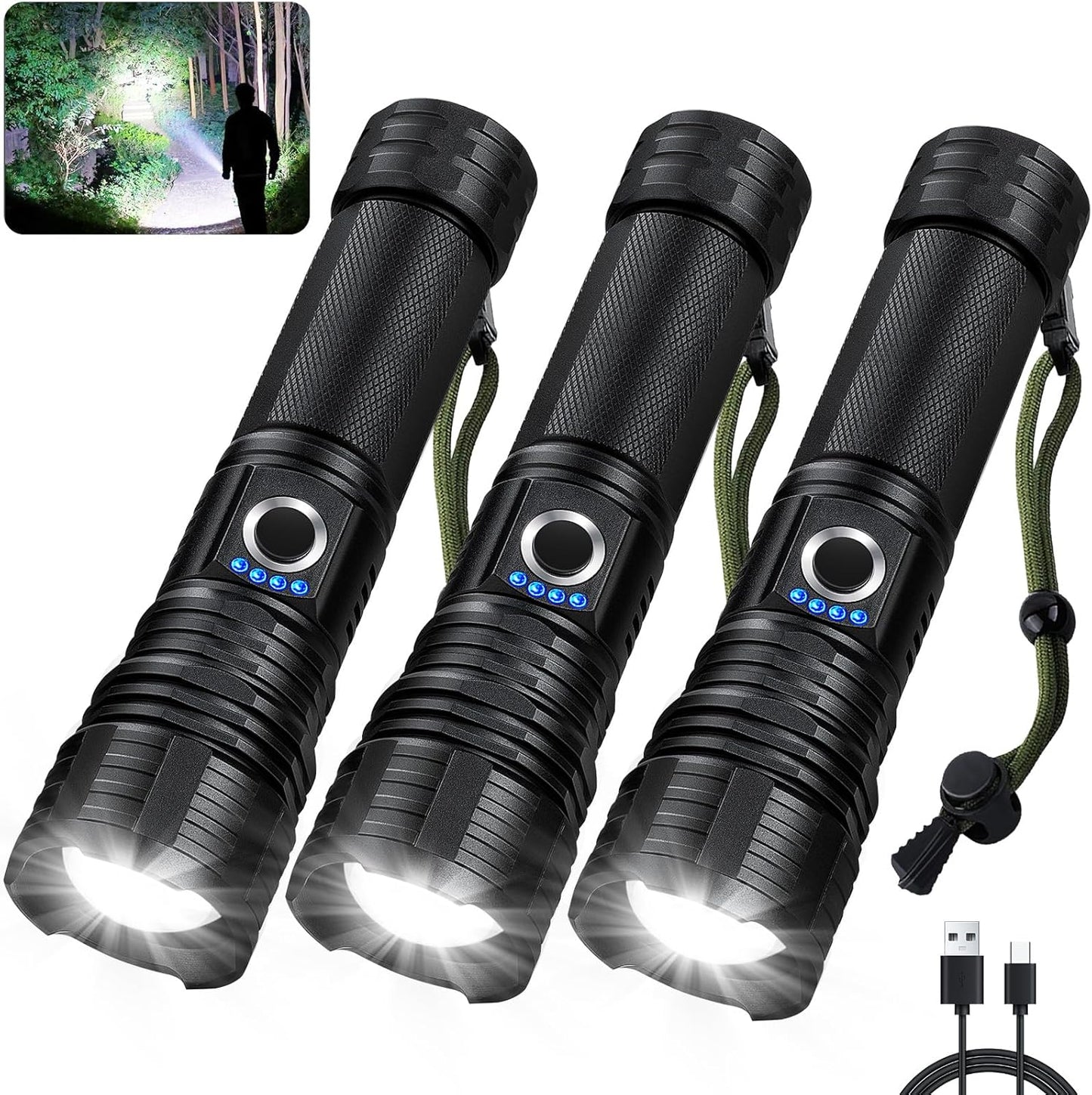 High Lumens Rechargeable Flashlights 3 Pack for Home Camping