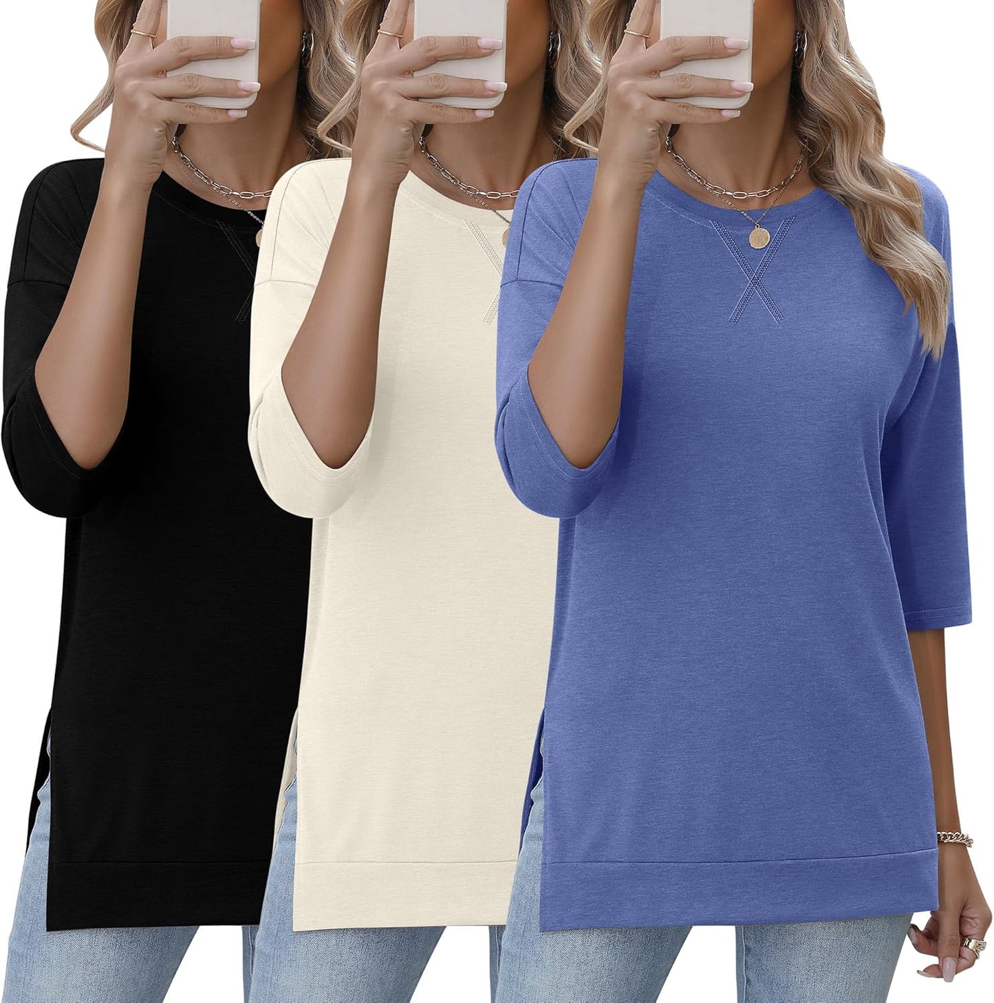 3 Pack 3/4 Length Sleeve Women's Tops with Side Slit Design