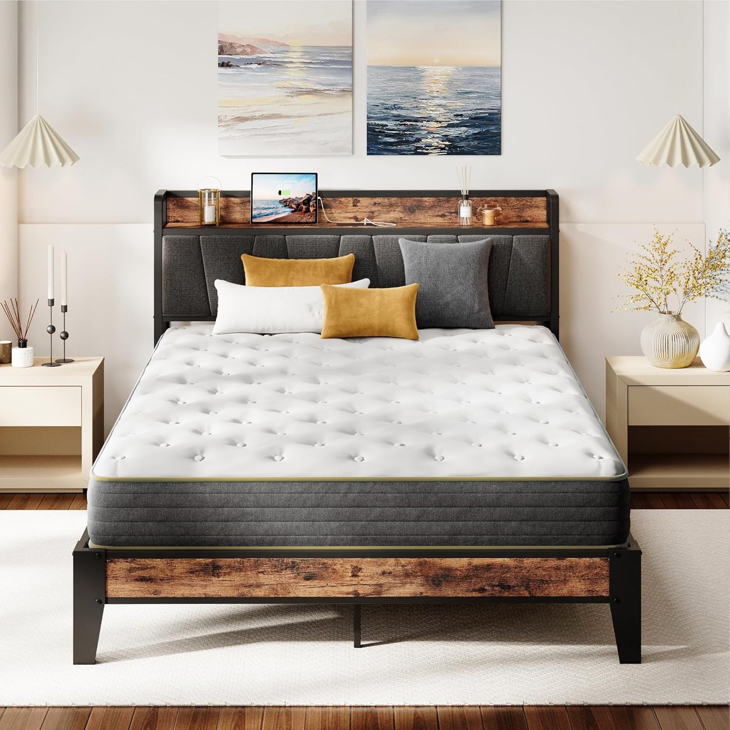 LIKIMIO Full XL Bed Frame with Storage Headboard and Charging
