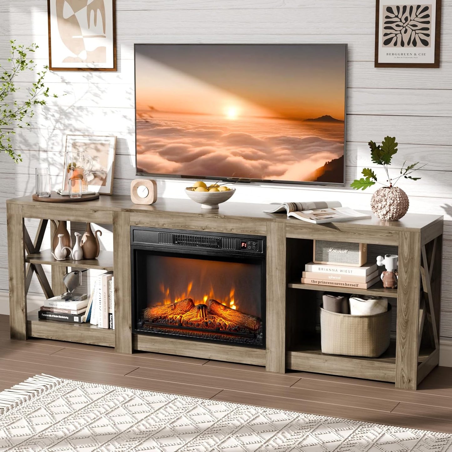 VINGLI Fireplace TV Stand for 80 inch TVs with Electric Heater