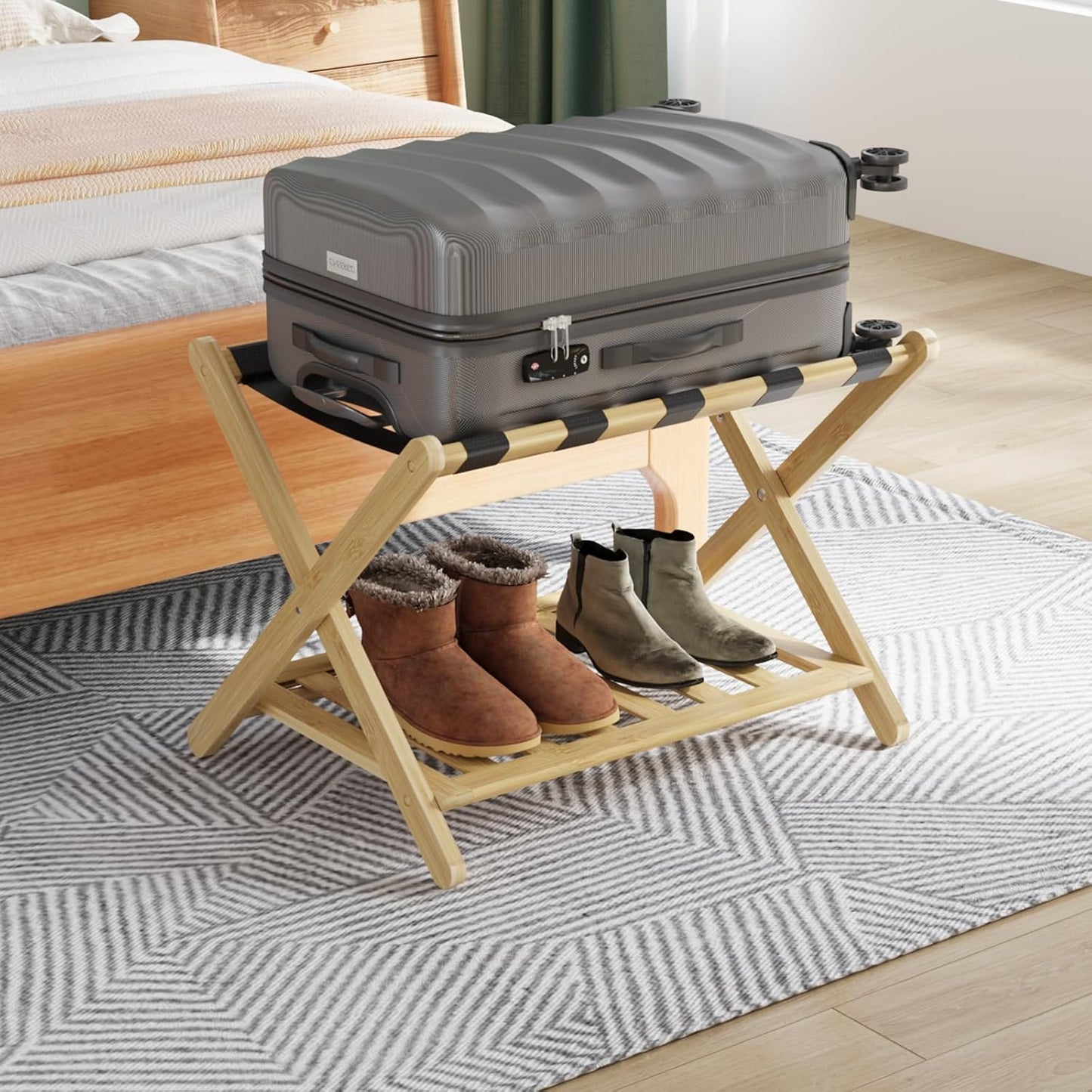 Smuxee Bamboo Luggage Rack for Guest Room - Foldable Stand