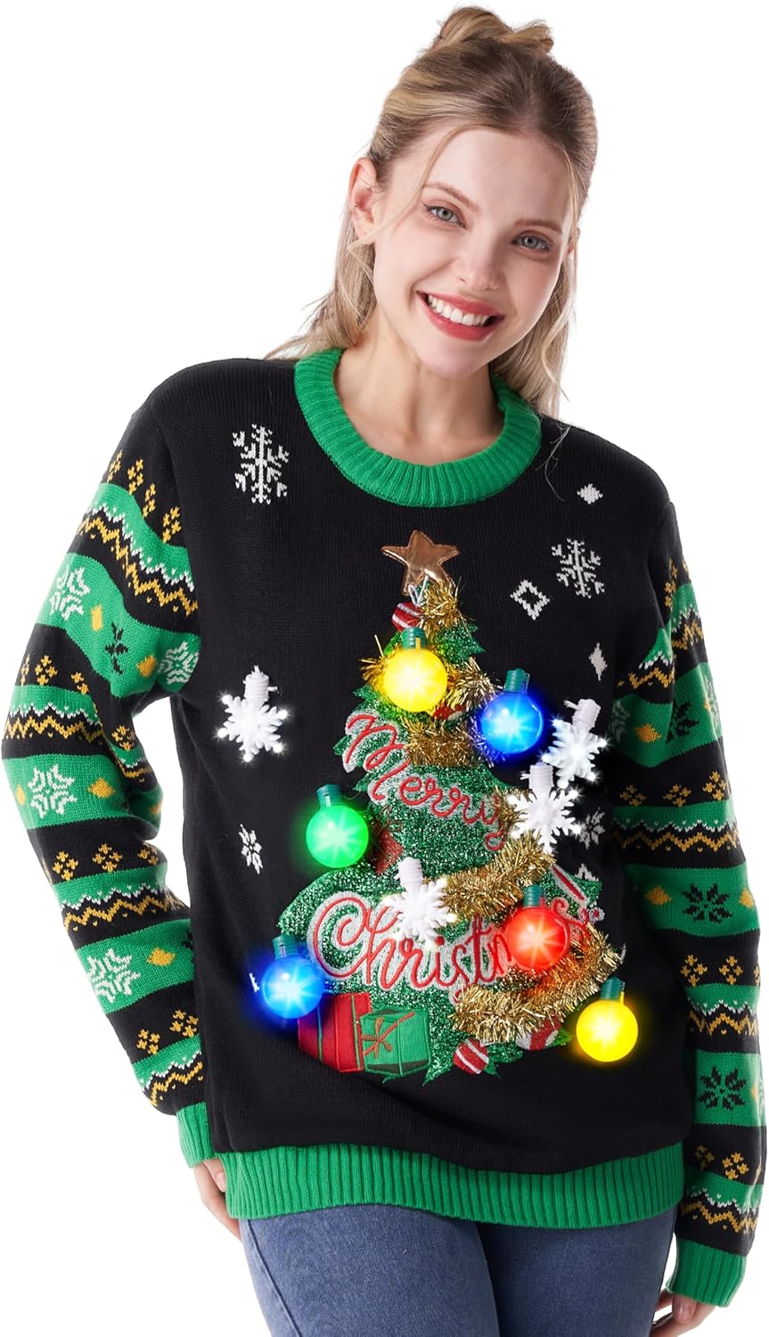 Giggling Getup Ugly Christmas Sweater with LED Lights for Fun
