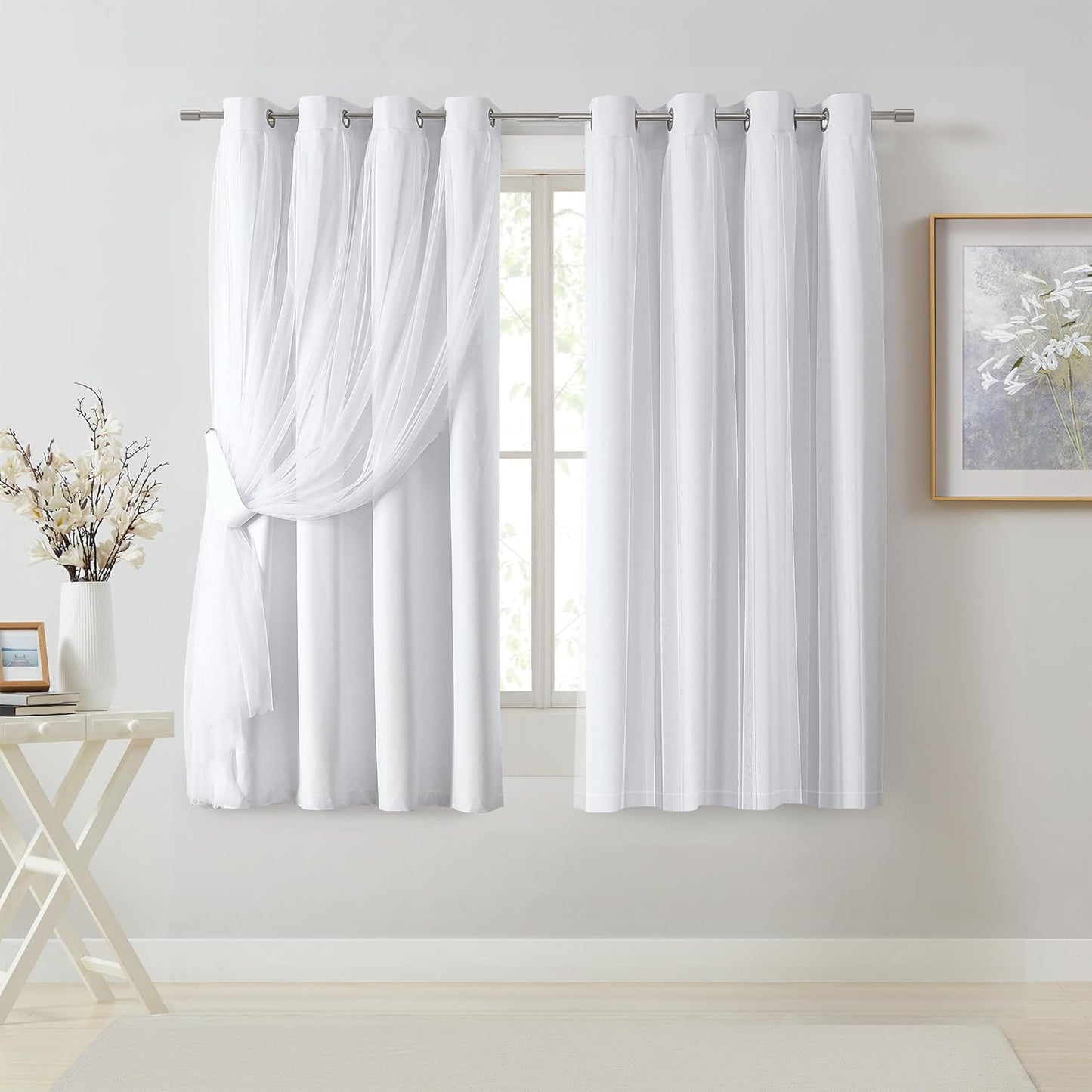 Bujasso White Full Blackout Curtain Panels for Elegant Living Rooms