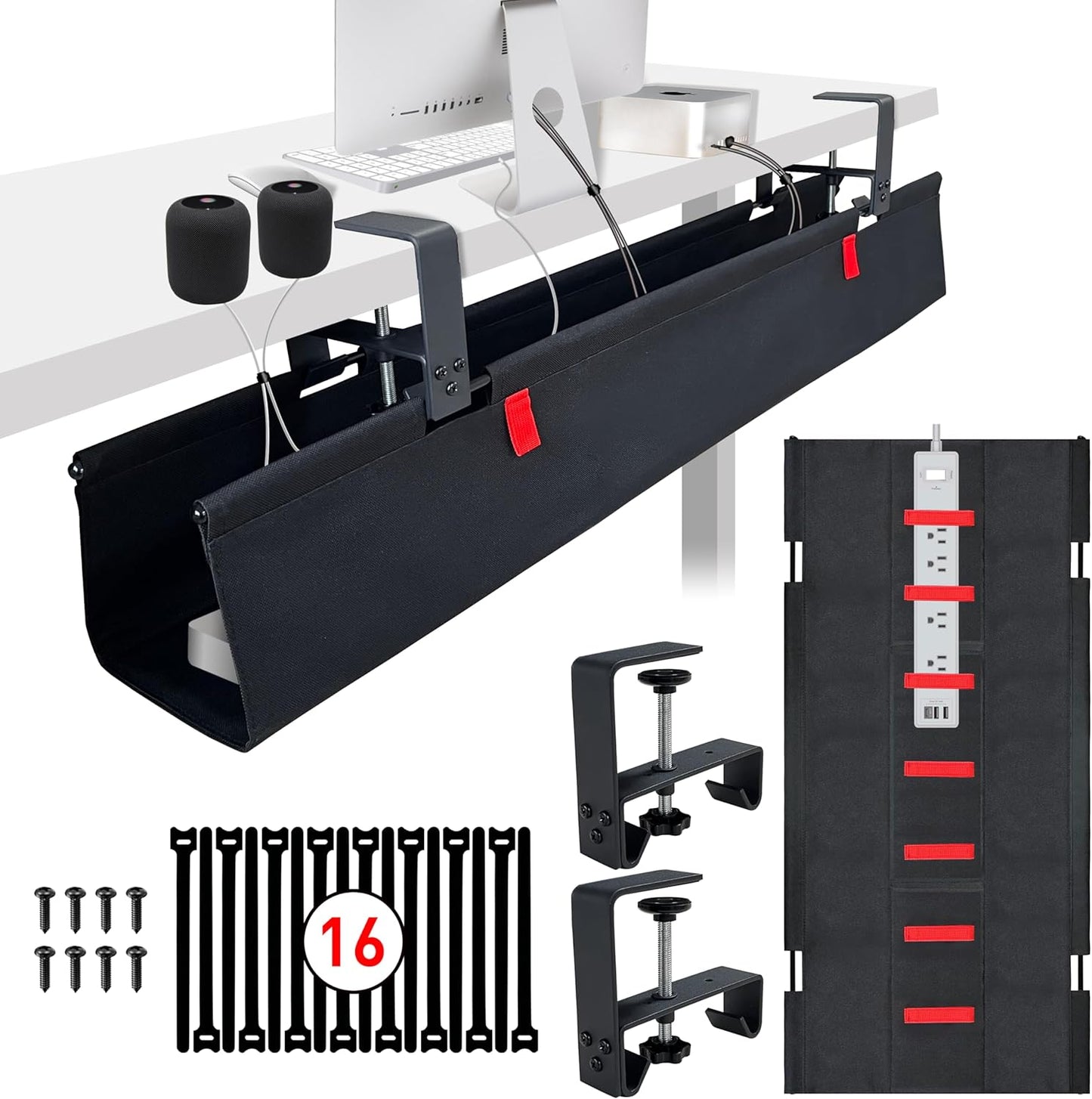 Under Desk Cable Management System with Heavy-Duty Clamp and Ties