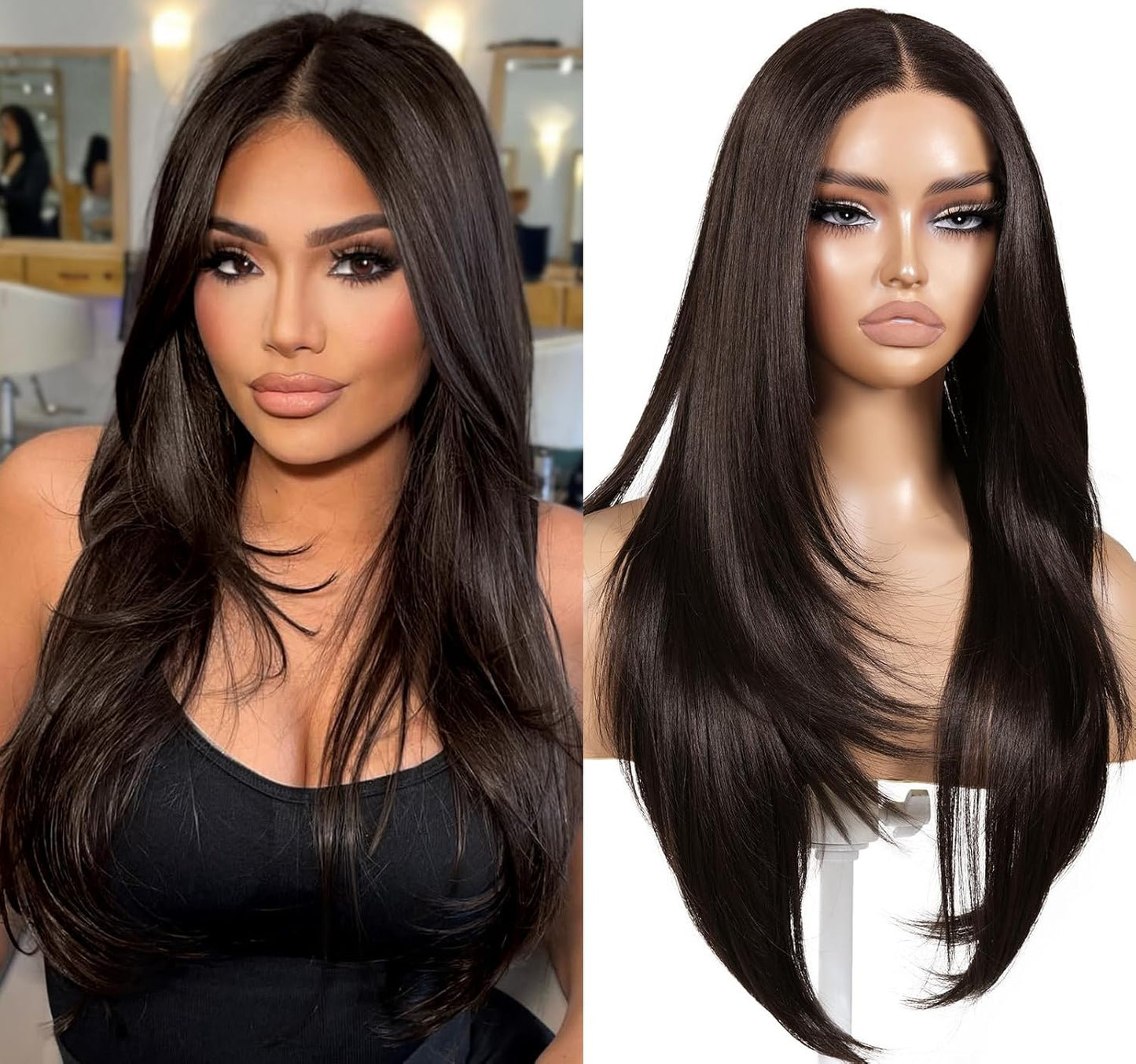 Brown Glueless Wig with Bangs - 26 Inch Layered Style