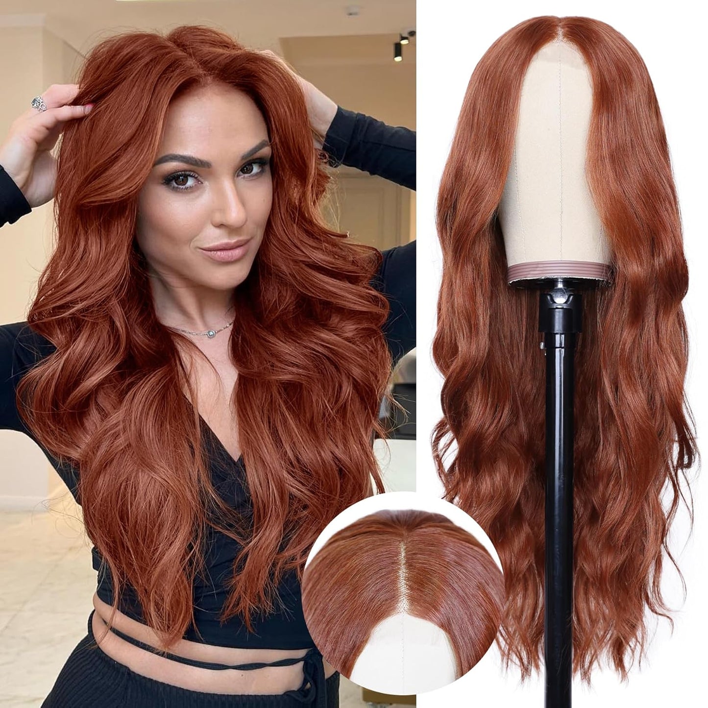 NAYOO Long Auburn Wavy Wig for Women - 26 Inch Natural Look