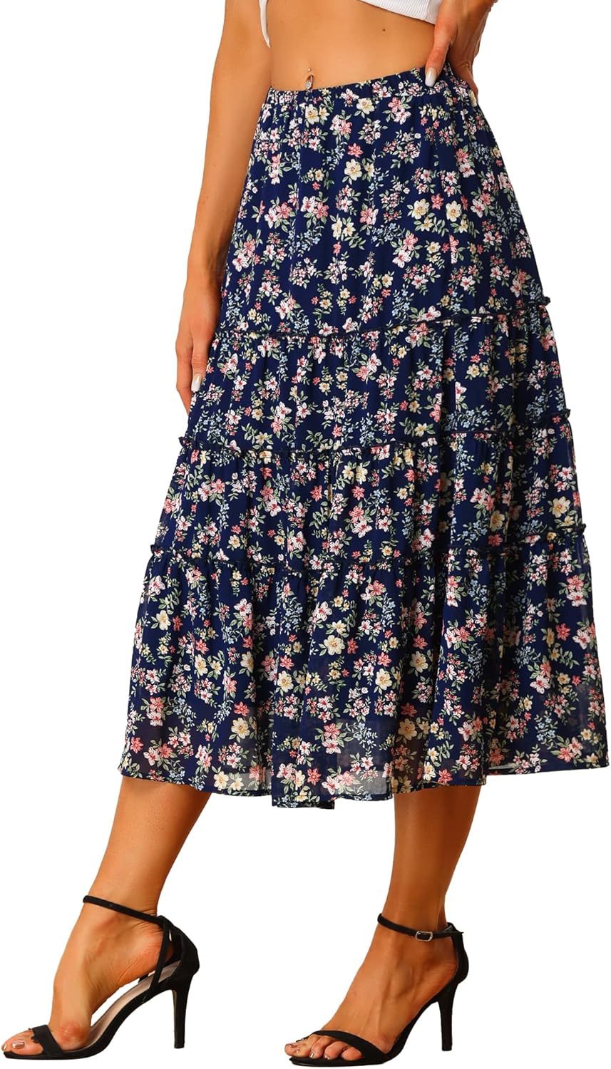 Allegra K Women's Floral Midi Skirt for Boho Summer Style