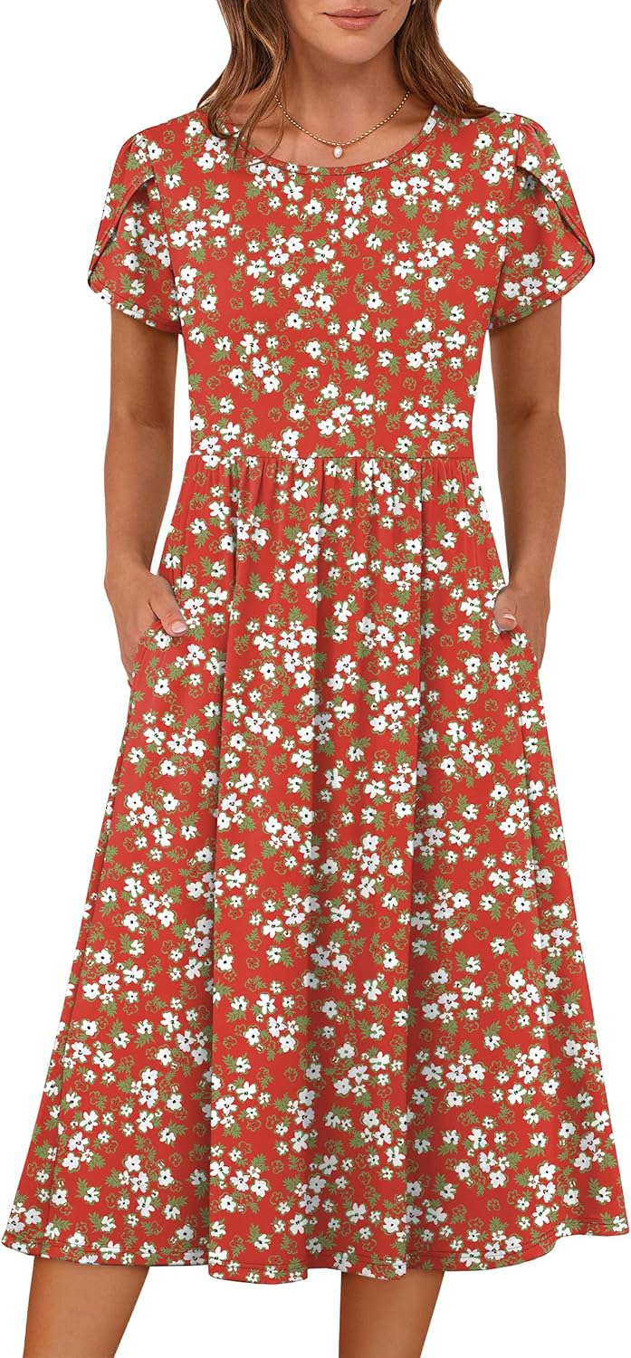 Stylish Women's Summer Floral A-Line Midi Dress with Pockets