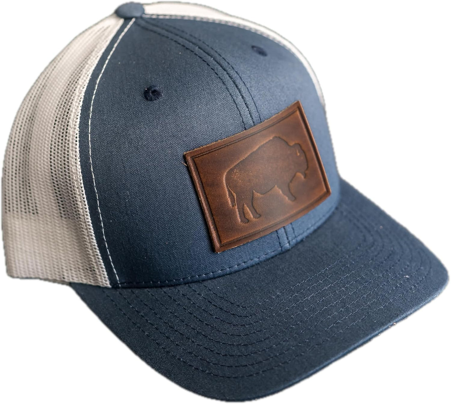 Bison Stamp Leather Patch Trucker Hat - Adjustable Snapback