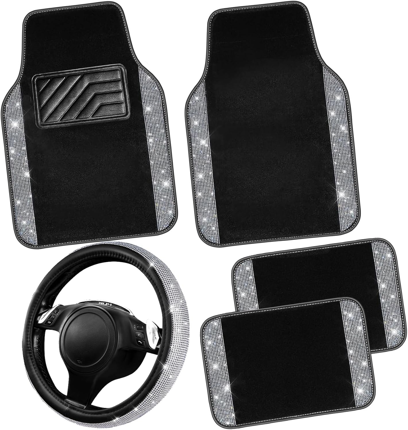 Bling Diamond Leather Steering Wheel Cover and Floor Mats Set