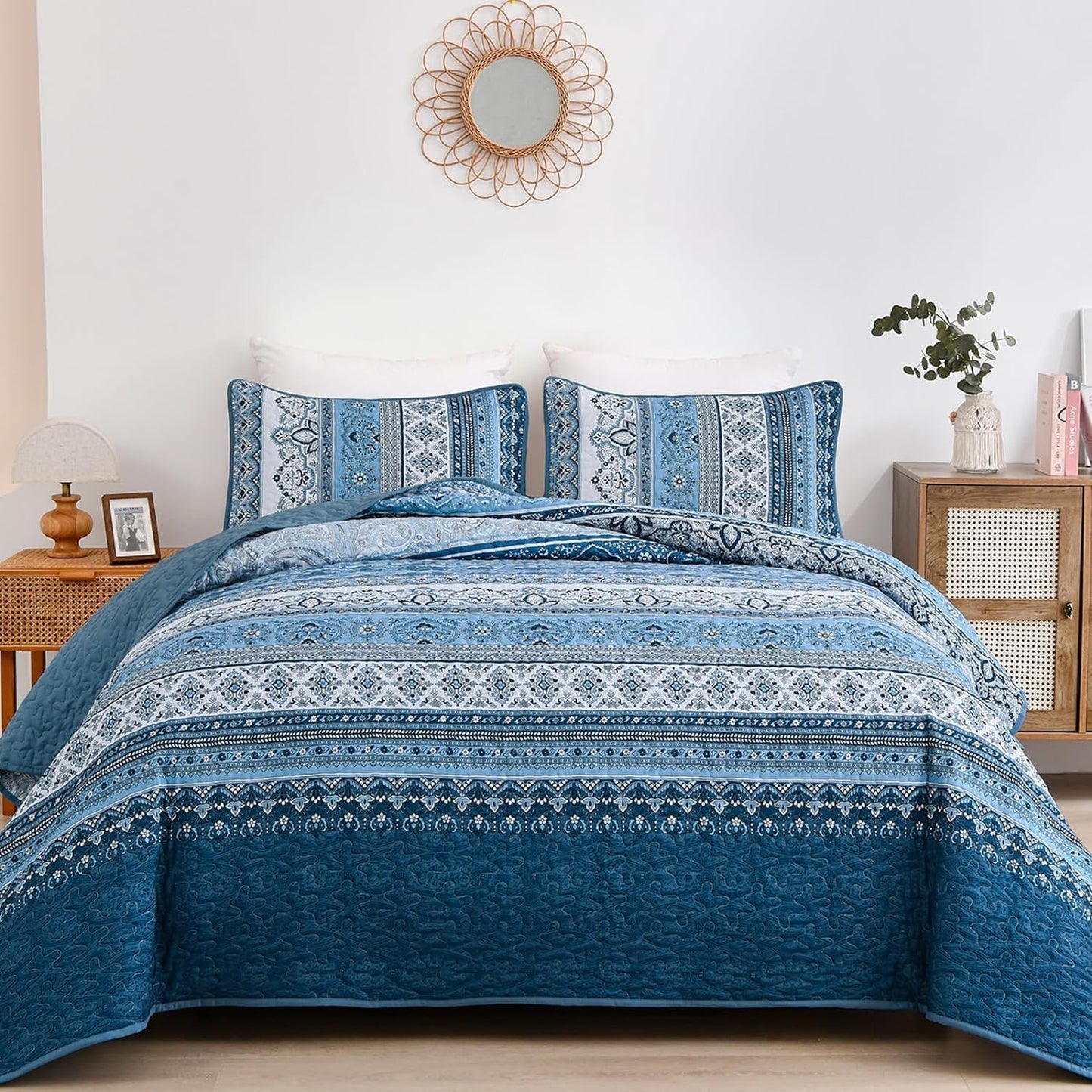 Bohemian Quilt California King Set for All Seasons in Blue