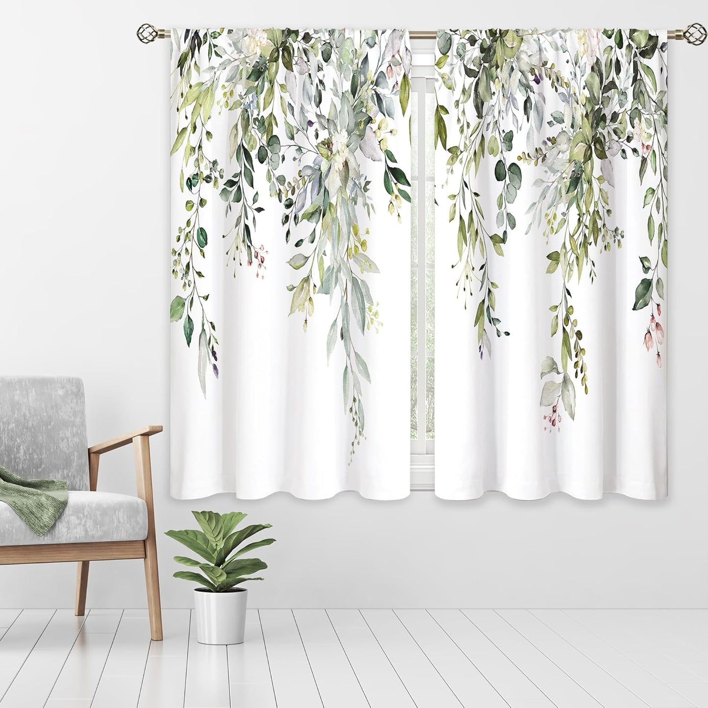 Sage Green Eucalyptus Leaves Window Curtains for Home Decor