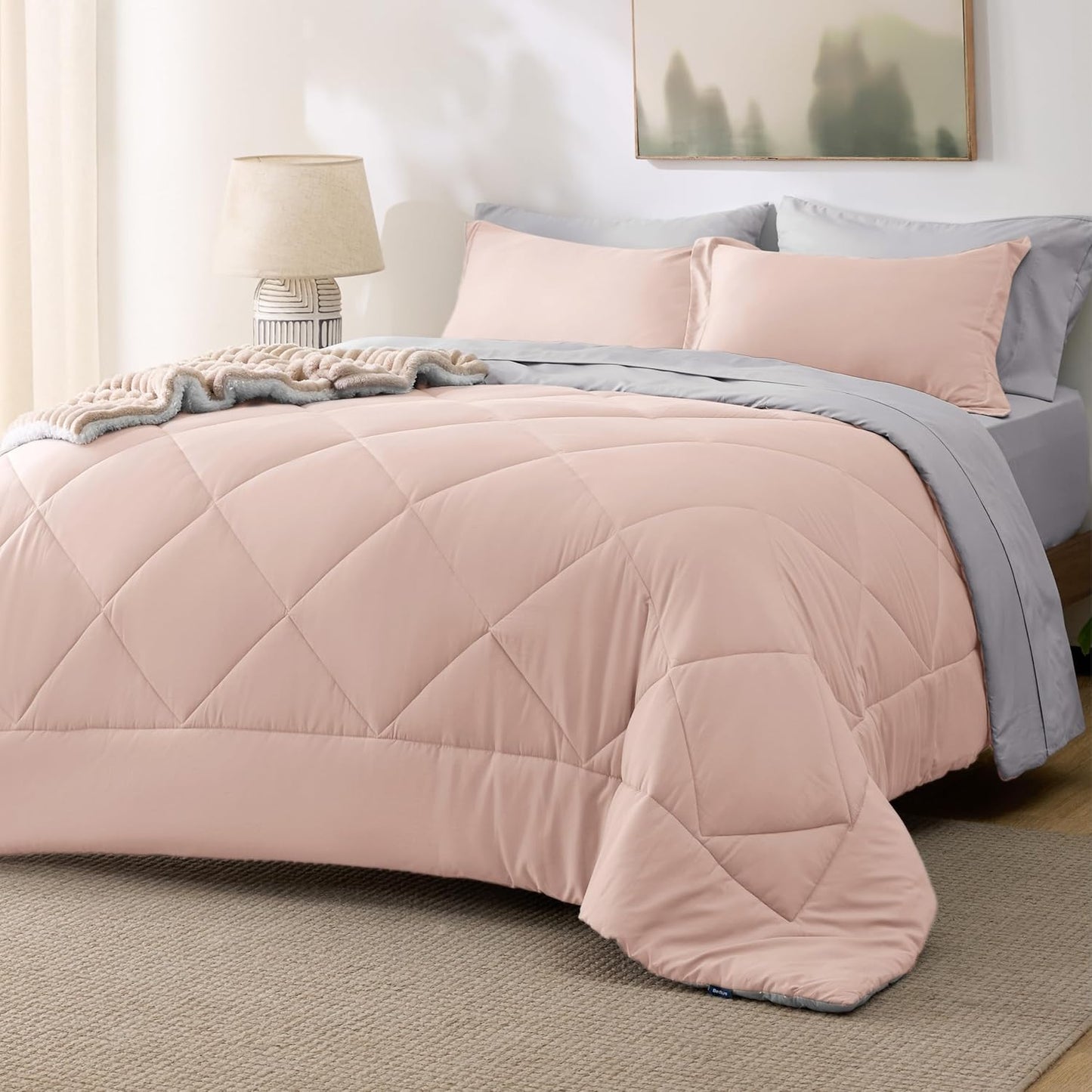 Bedsure Twin Comforter Set - 5 Piece Reversible Blush Pink Bedding