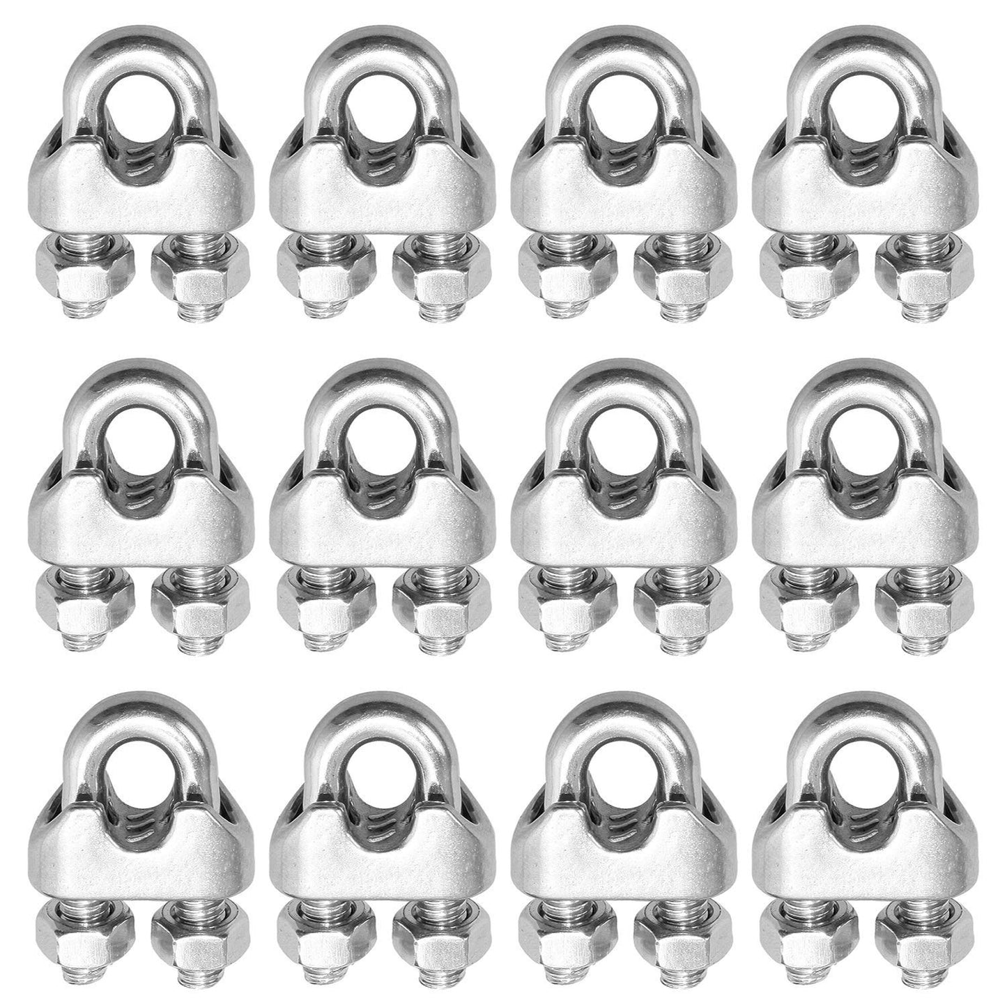 Hulless 304 Stainless Steel Cable Clips - Set of 12 - Secure 1/4 Inch Wire Rope