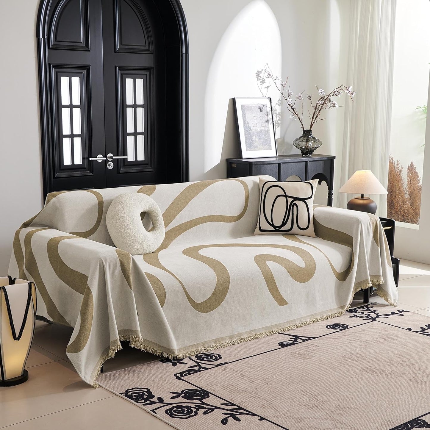 MYSKY HOME Boho Couch Cover for 2-3 Cushion Sofa, Khaki