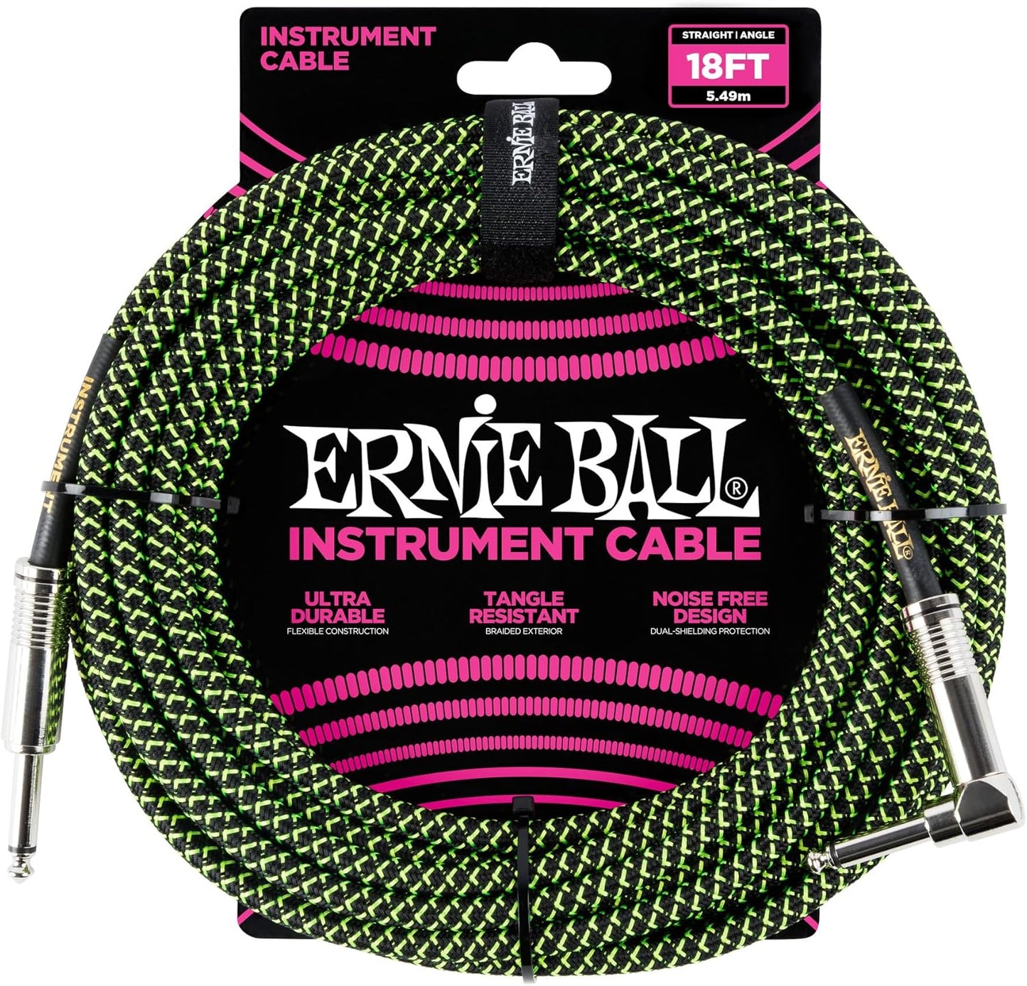 Ernie Ball Braided Instrument Cable, 18ft, Neon Green/Black