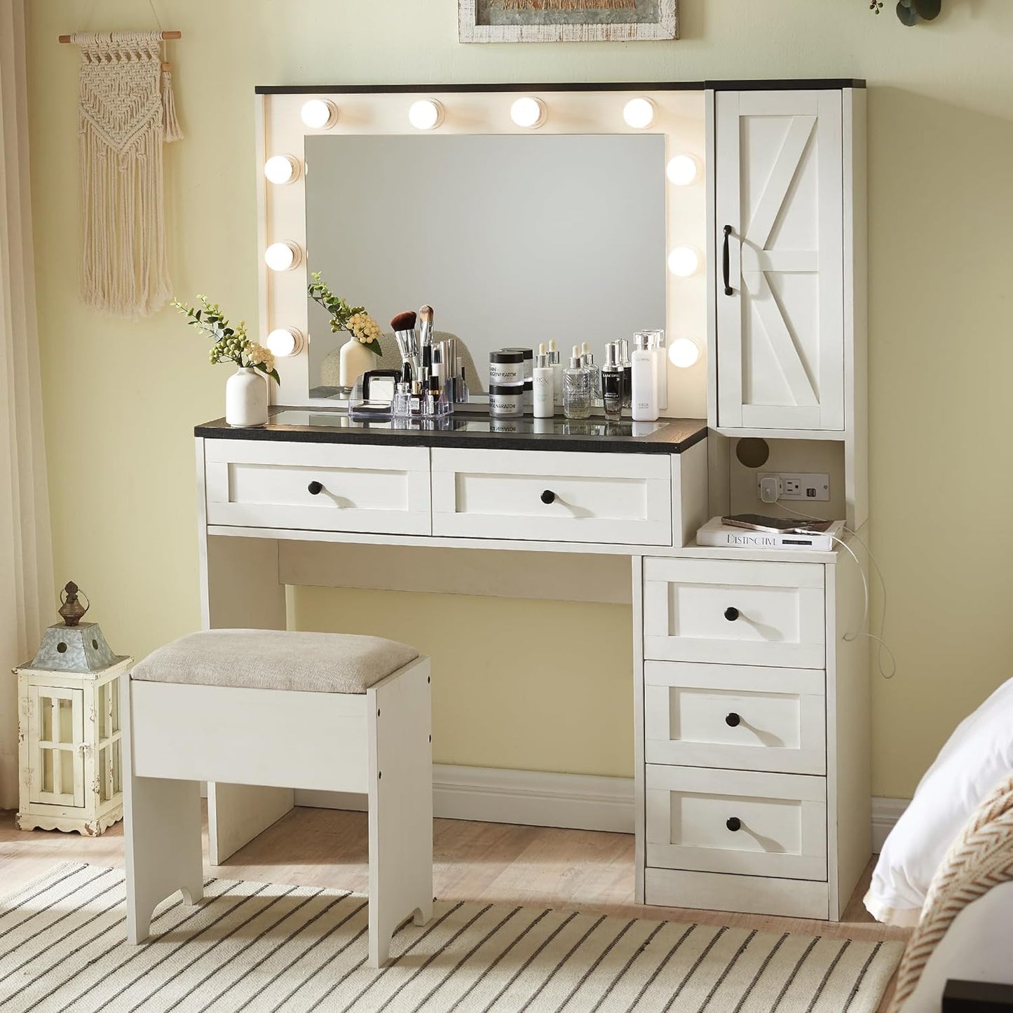 Farmhouse Vanity Desk with Charging Station & Mirror Light