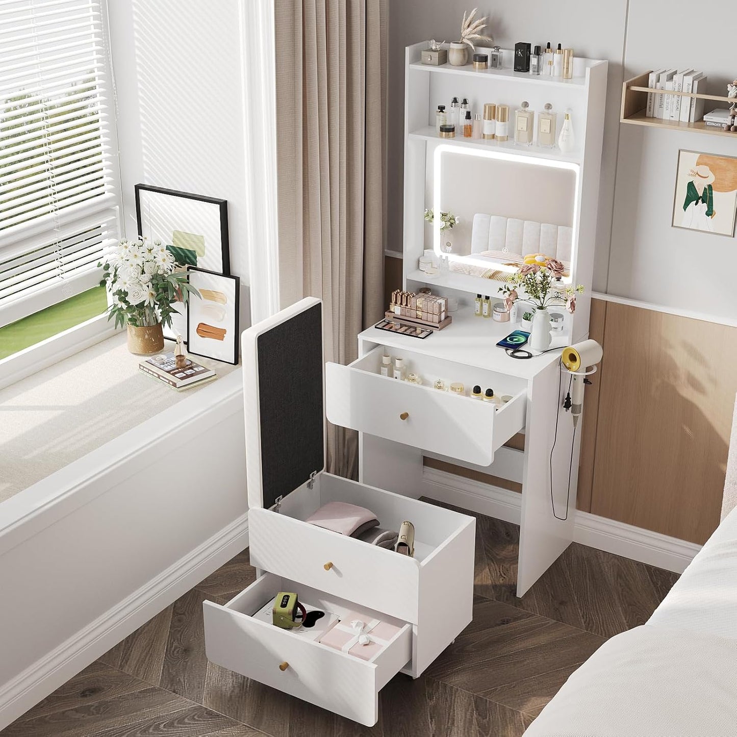 Vabches Makeup Vanity Desk with Mirror and Lights for Girls