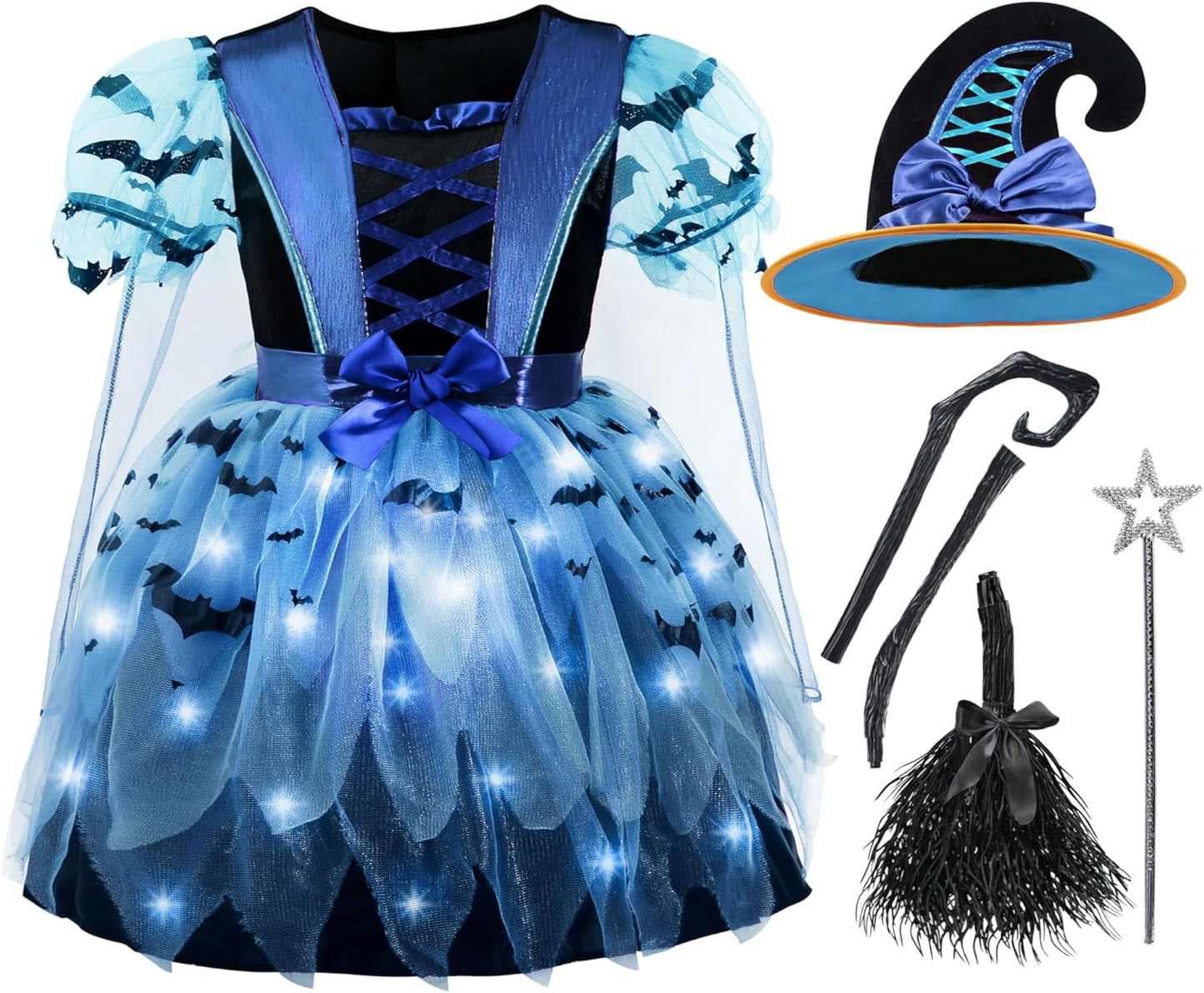 Light Up Witch Costume for Girls with Hat and Broom for Halloween
