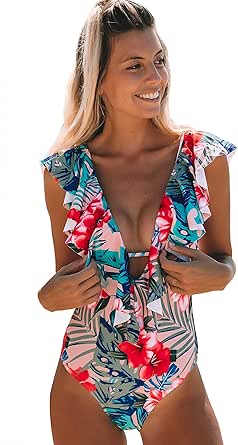 Stylish V-Neck Ruffle One Piece Swimsuit for Women