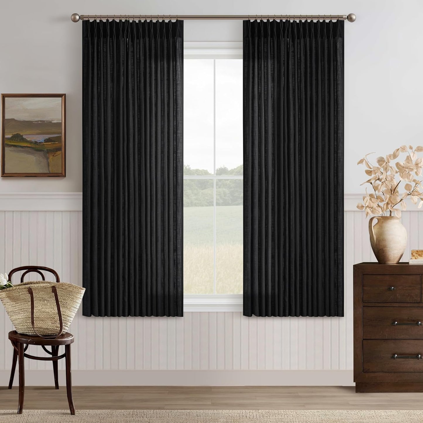 Black Linen Semi Sheer Curtains for Kitchen Dining Windows